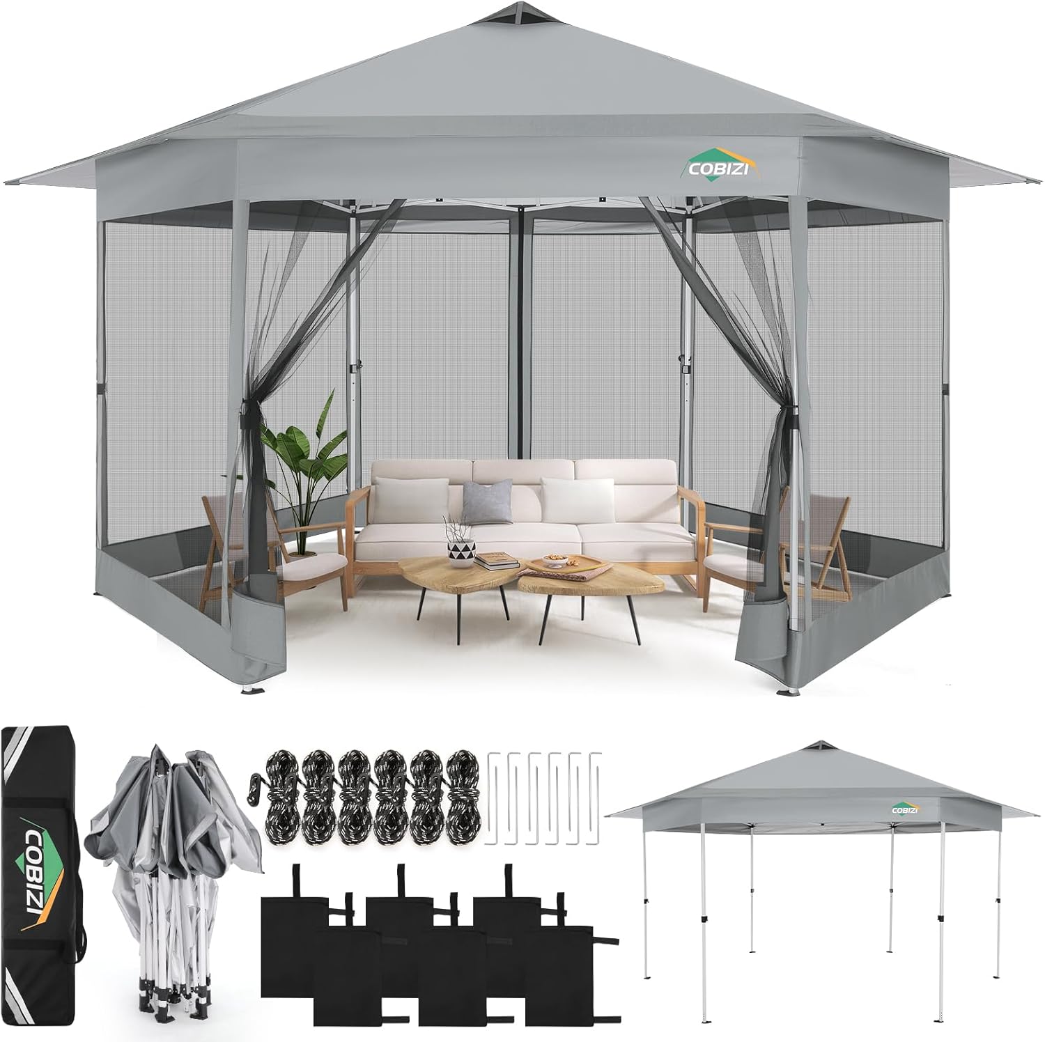 COBIZI 13x13 Pop up Gazebo, Hexagonal Outdoor Canopy Tent with Mosquito Netting, Portable 6-Sided Gazebo Tent, Waterproof, UV Resistant Height for Backyard, Gardens, Patio（Light Gray）