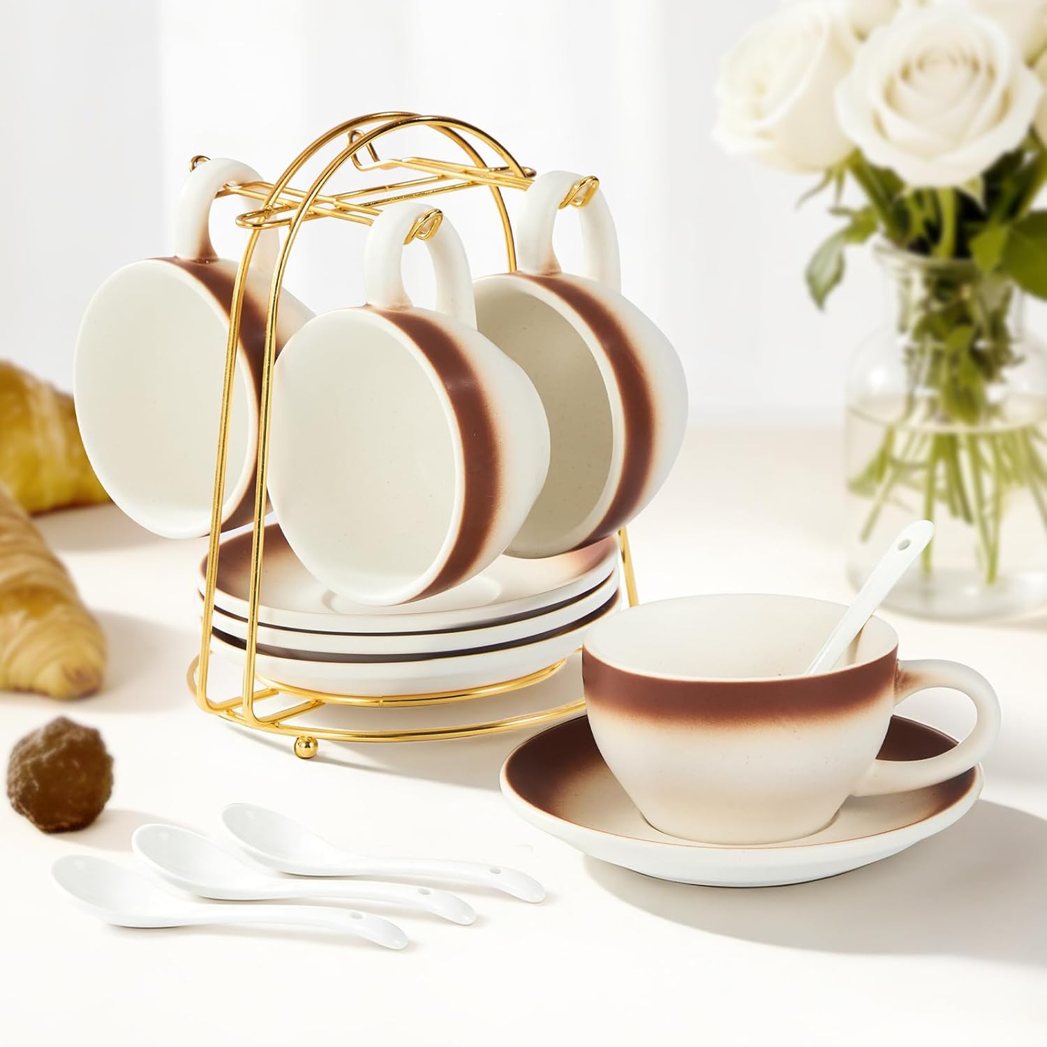 DUJUST Cappuccino Cups Set of 4 (8oz), Ceramic Cappuccino Mugs with Saucers, Spoons & Metal Stand, Latte Cup Set for Latte, Espresso & Americano, Gift Package - Image 2