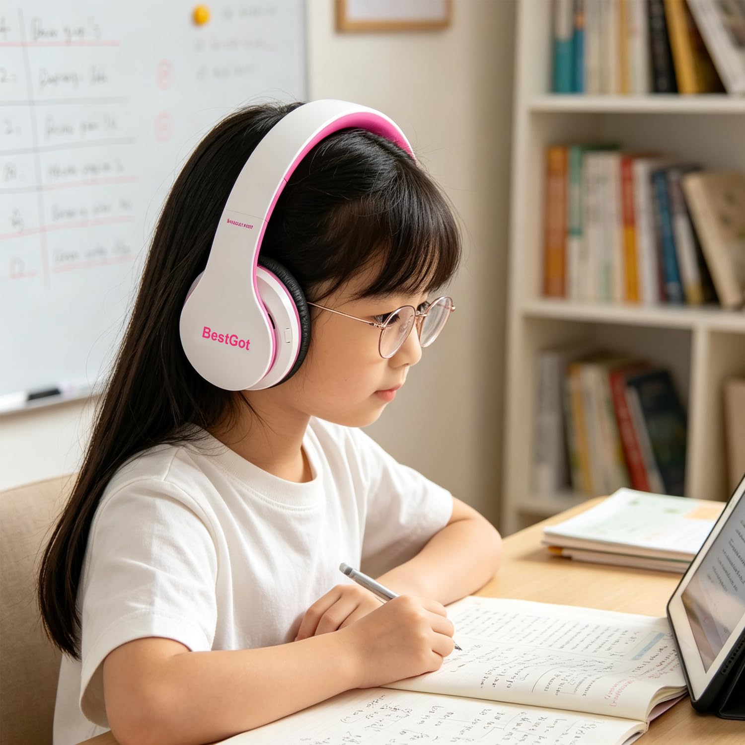 BT6002 - Auriculares inalámbricos Bluetooth para niños, volumen limitado, 85/110 dB, para escuela, plegables, para 60 horas, PC, teléfono, tabletas, TV (blanco/rosa)