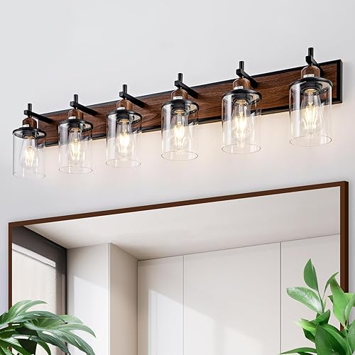 Lámpara de baño de 6 luces, estilo granja, vintage, para tocador de baño, sobre espejo, negro y madera, pintada de metal, para baño, con pantallas