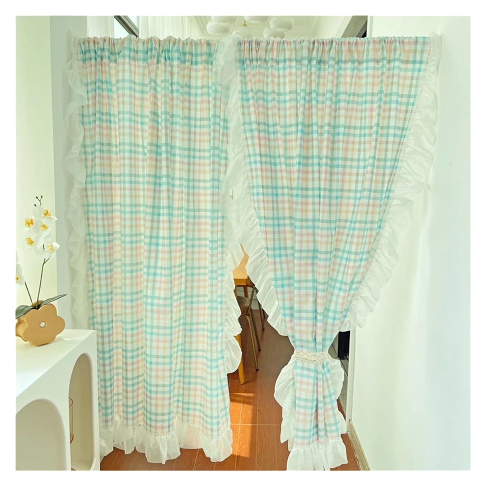 DFGRGRV Ruffle Curtains Yellow/Pink/Green/Blue Lattice Door Curtains for Living Room Japanese Lace Ruffled Plaid for Kitchen(Light green,W140 X H30 CM)