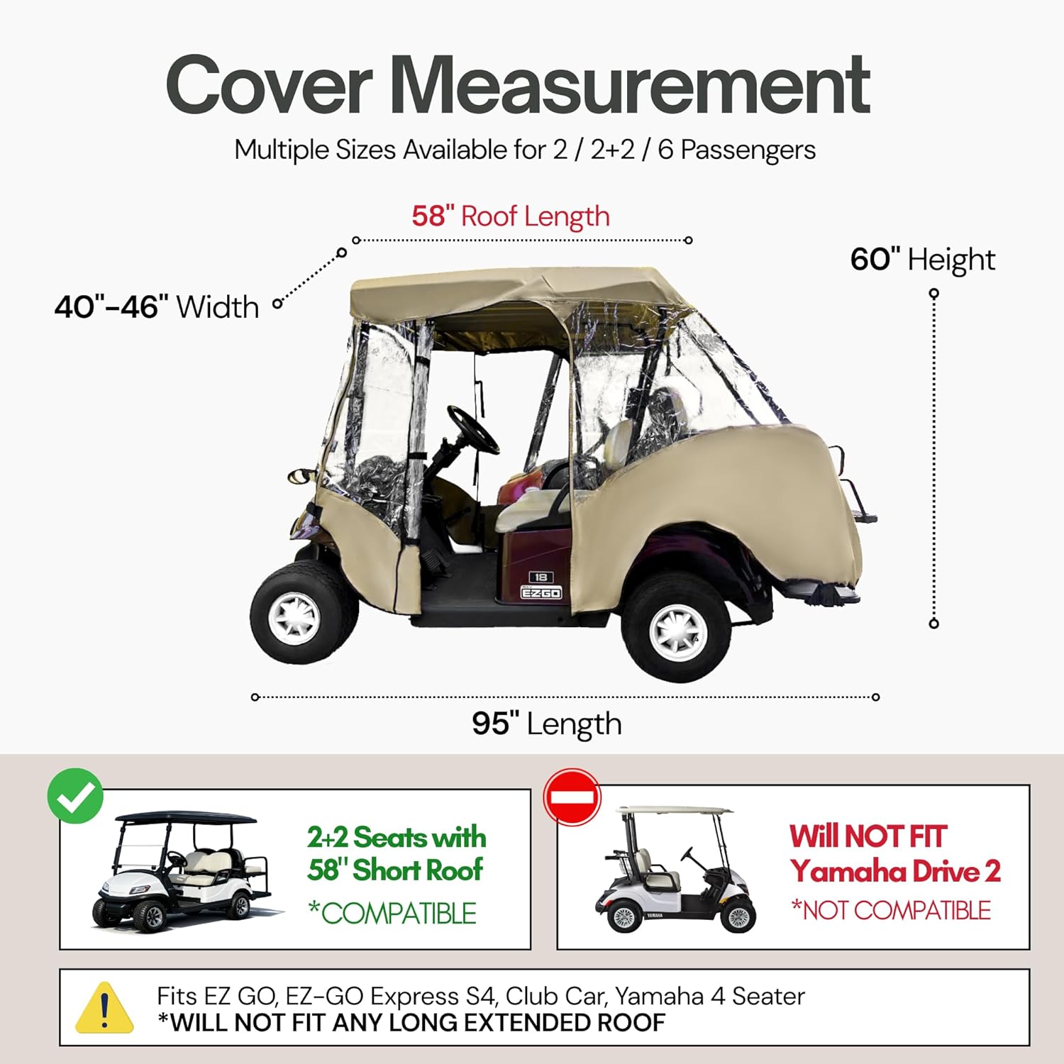 Formosa Covers 2+2 Golf Cart Enclosure Cover Drivable All-Weather Rain & Wind Covers Durable YKK Door Zippers - 4 Passenger Golf Cart Rain Cover Short Roof 58" EZGO, Club Car 360 Clear Windows | Taupe