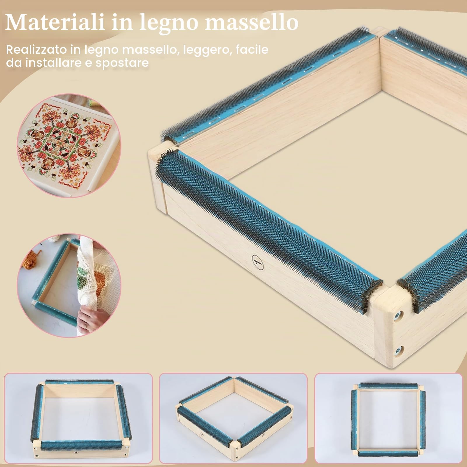 Gripper Strip Frame con coperchio e 4 angoli in schiuma anti-collisione,copertura in flanella per telai tufting,cerchio embroidery with needles,Punch Needle Rug Hooking Frame,25 x 25 cm