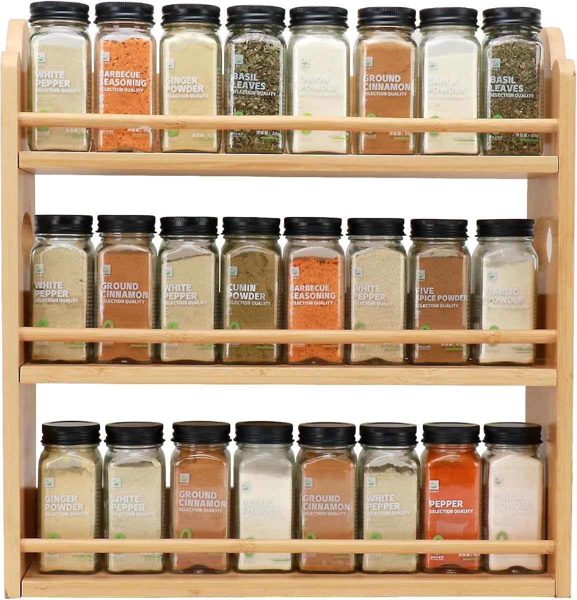 3-Tier Bamboo Spice Rack, Wall Mount & Countertop Spice Organizer | Seasoning Jars Rack Shelf Spice Organizer for Kitchen, Spice Storage Holder with handles, Front and Rear Protective Design