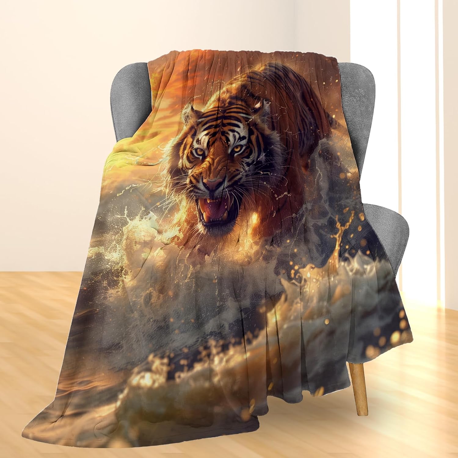 Majestic Tiger at Sunset Blanket, Soft Flannel Throw Blanket for Couch, Bed, Travel, Living Room & Home Decor, Lightweight Cozy Warm Fuzzy Blankets for Adults Women Men Kids 60×50 in