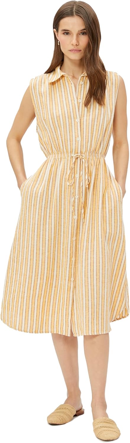 Koton Women’s Linen Mix Sleeveless Drawstring Midi Shirt Dress Dress, Yellow