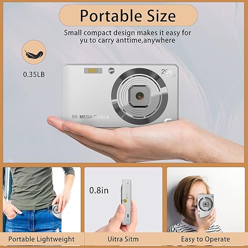 Vista 6 de Cámara digital FHD de 56 MP con zoom digital de 20X y enfoque automático, cámara de apuntar y disparar anti-vibración para niños, adultos