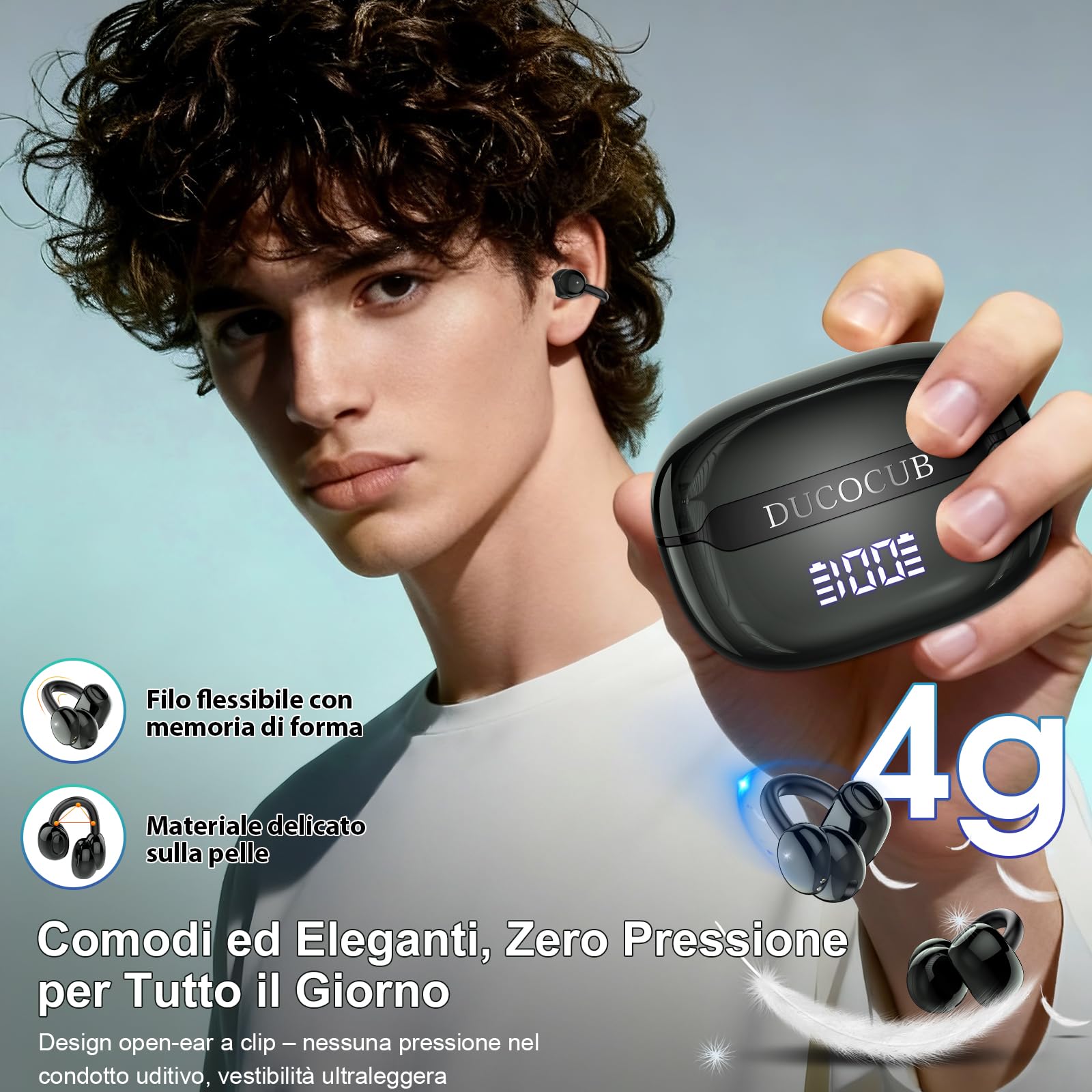 Cuffie Bluetooth 5.4, Auricolari Open Ear Cuffie Clip-On, 48 Ore Cuffiette Conduzione Ossea, DNN Noise Cancelling, Comfort Adattivo, Audio Immersivo, Auricolari Bluetooth con 4 Mic, Impermeabili IPX7