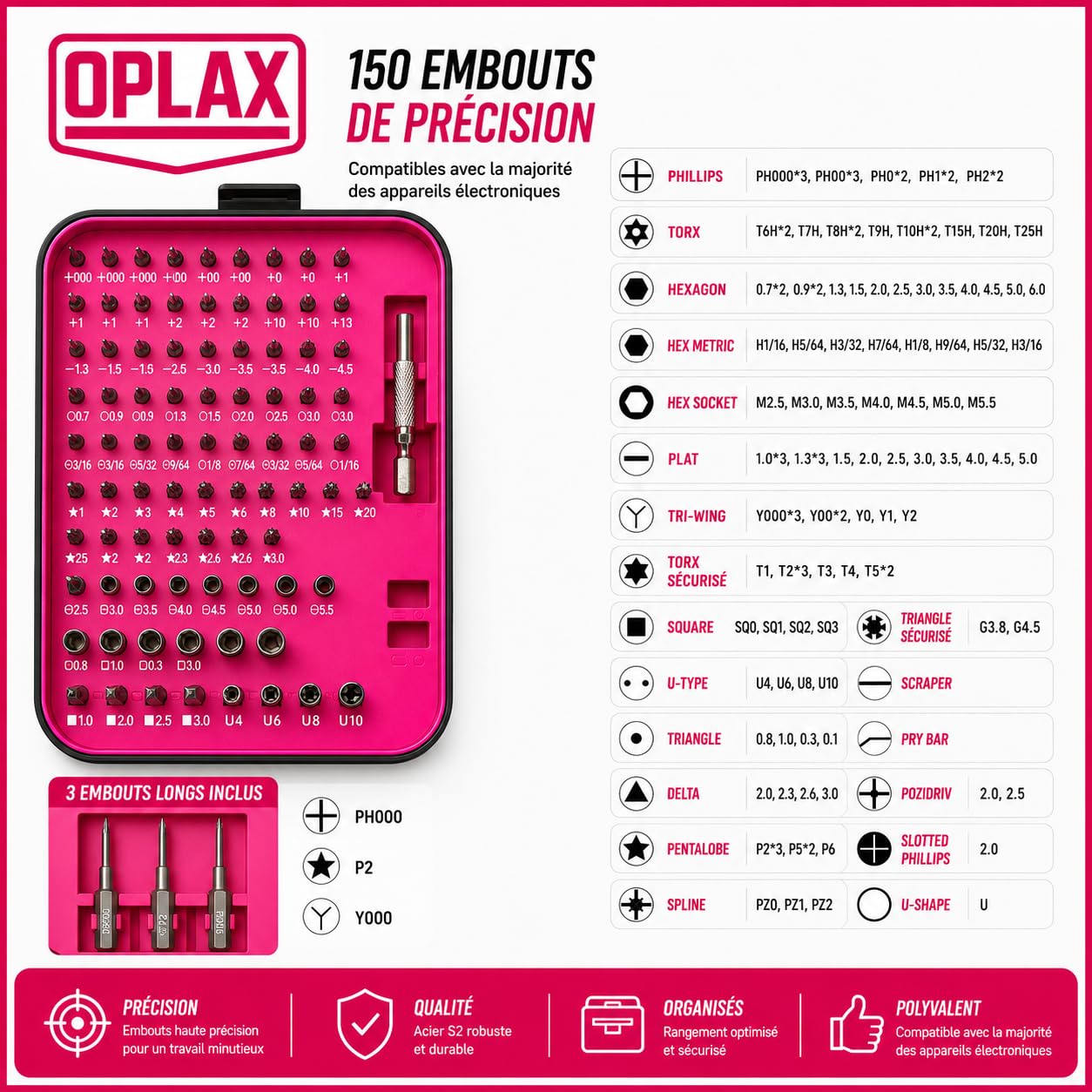 OPLAX Kit Tournevis de Précision 150 en 1 Rose | Kit Réparation Électronique, Magnétique, Embouts Professionnels