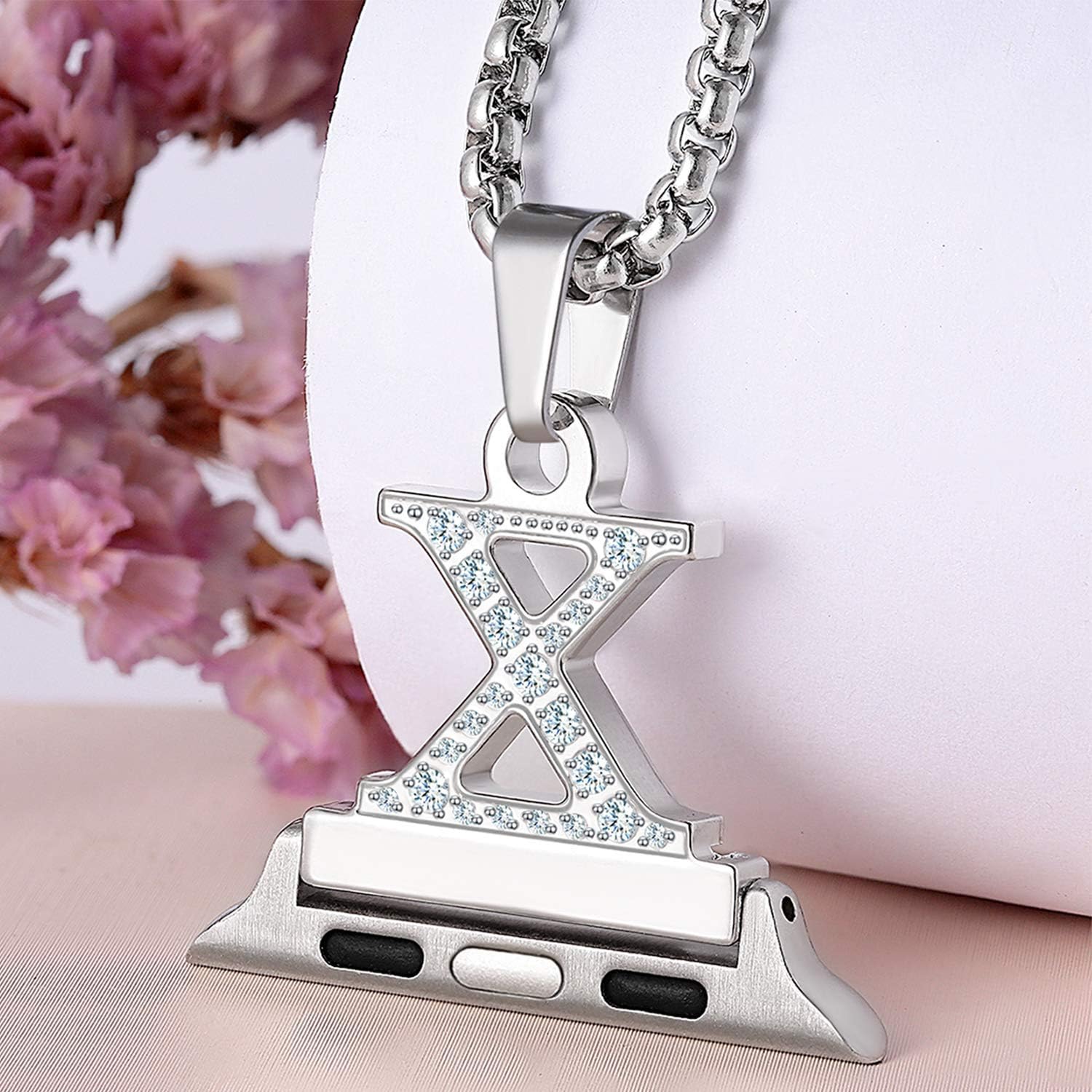 Callancity 2in1 Zircon Alphabet Letter A-Z Necklace Pendant Watch Connector Adapter Stainless Steel Box Chain Compatible for Apple Watch Series 8/7/6/5/4/3 42mm 44mm 45mm 49mm