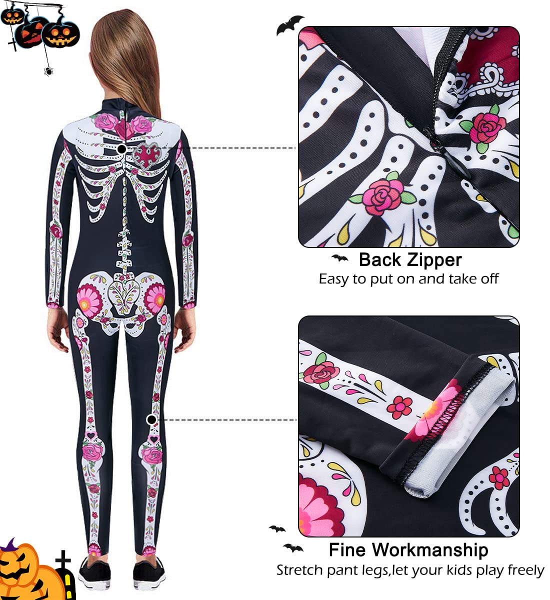 Kids4ever Unisex Bambini Scheletro di Halloween Body Tute Intere con Stampa di Ossa con Cerniera Stretch Fancy Cosplay One Piece per Ragazze Ragazzi 7-14 Anni