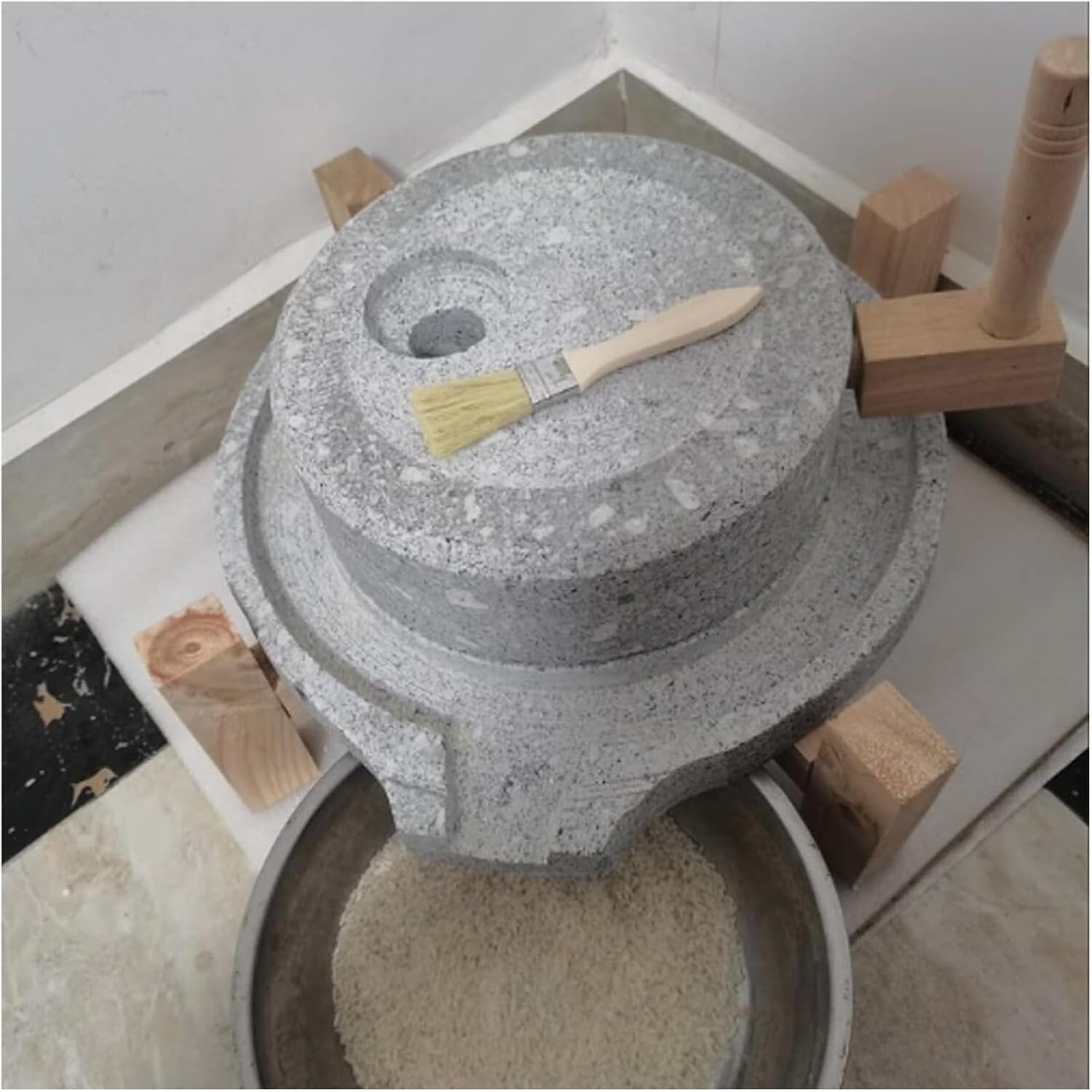 Granite Hand Stone Mill for Grinding Wet & Dry Food, 35cm Small Mill with Wooden Stand - Ideal for Teaching, Cooking, and Authentic Food t