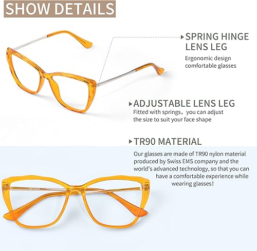 Miniatura 4 de Gafas de bloqueo de luz azul con diseño de ojo de gato, elegantes anteojos para computadora, filtro de rayos UV, para mujer (naranja)