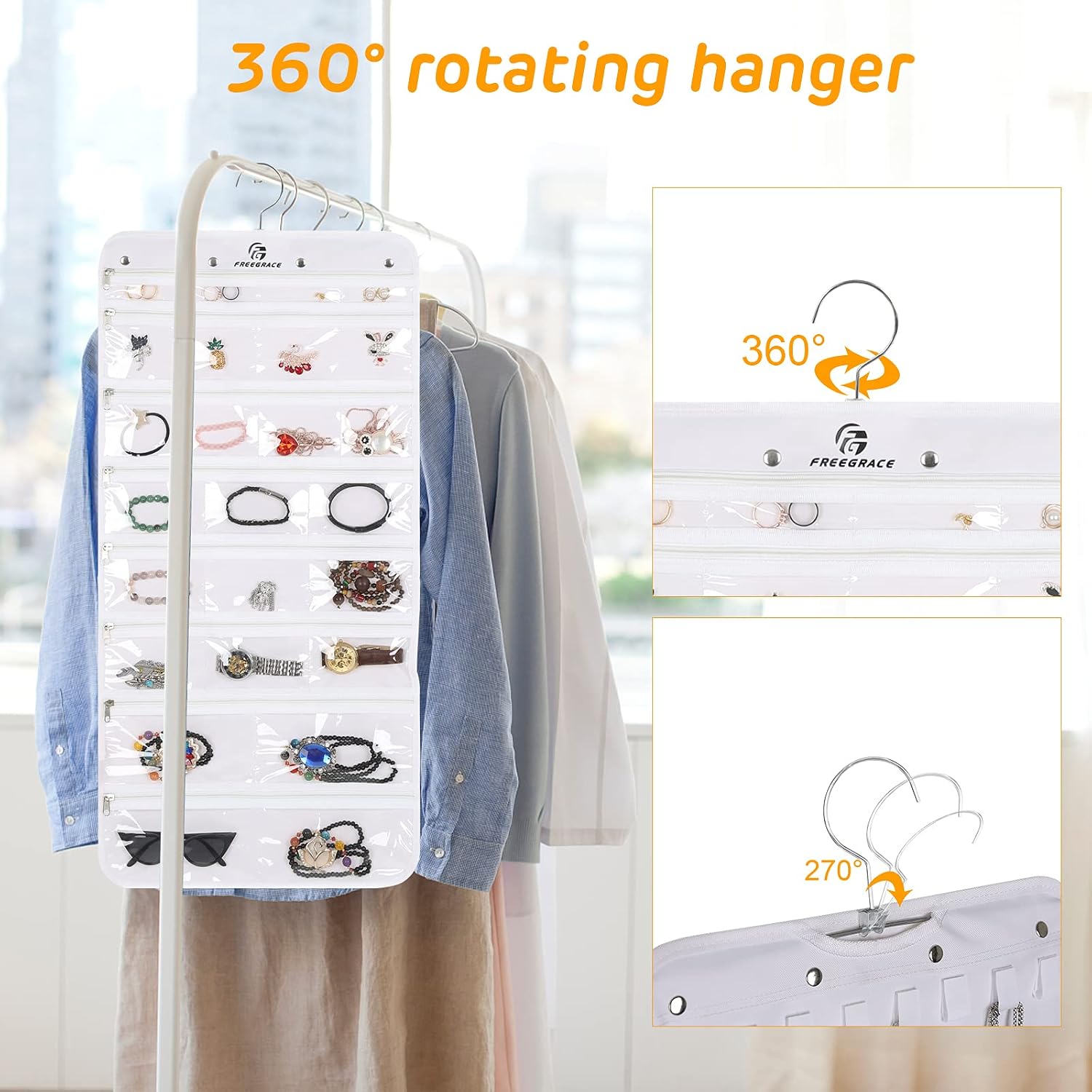Freegrace Hanging Jewelry Organizer, 25 Zippered Pockets, 23 Necklace Hooks image 5