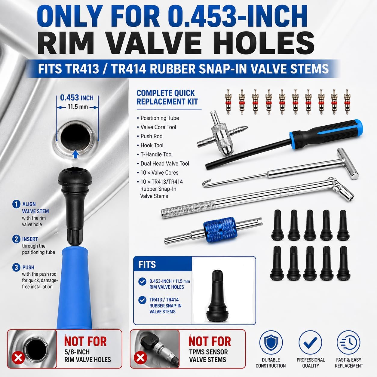 Valve Stem and Core Removal Replacement Tool Kit,Valve Stem Installation Tool Without Removing Tire,Snap Fix Mate Valve Stem with 5 TR413/TR414 for Cars Motorcycles Lawn Mowers ATVs