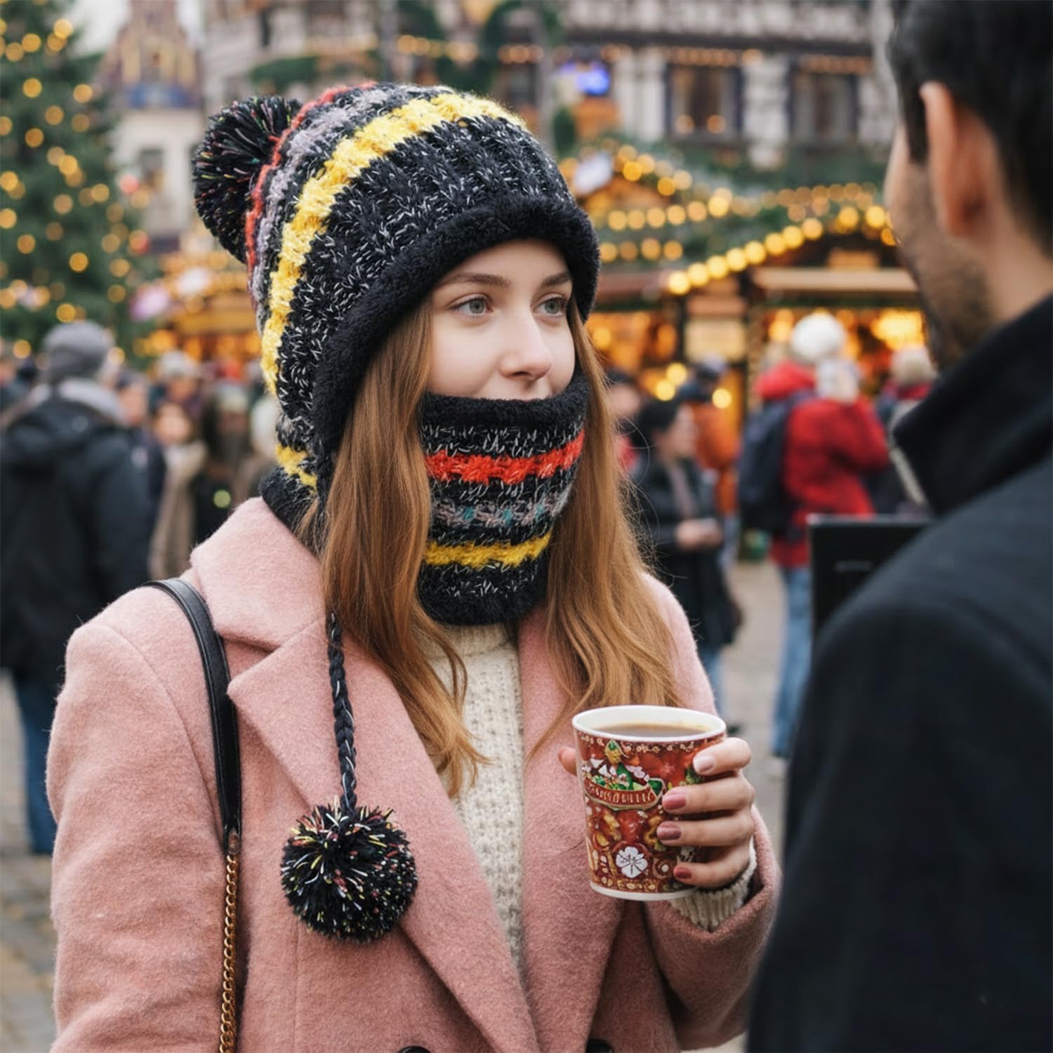 Women Winter Beanie Hat Circle Scarf Set Pompoms Peruvian Ski Snow Ear Flaps Cold Weather Warm Sherpa Knit Hats Fleece Lined - Image 6