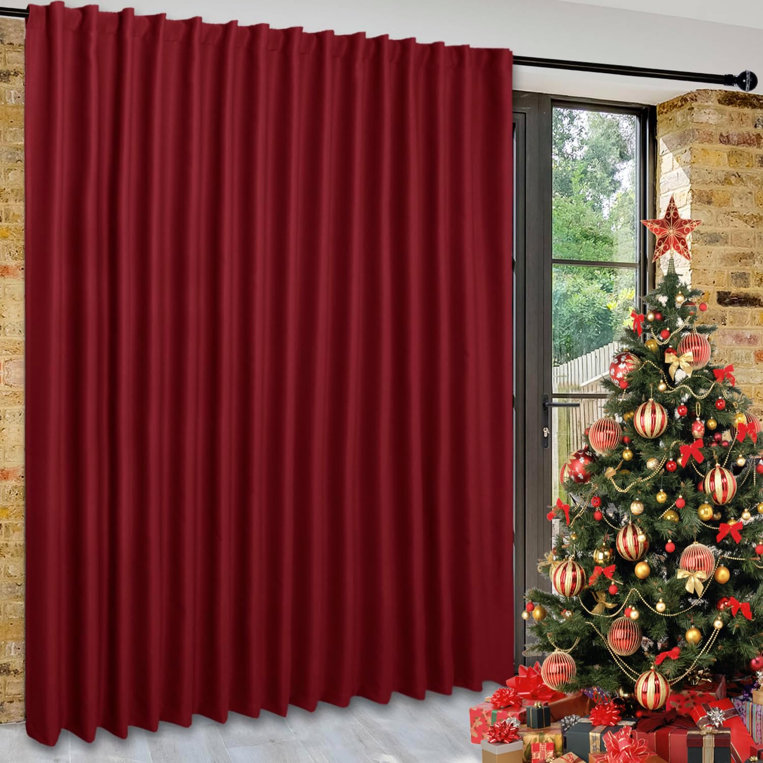 DWCN Privacy Room Divider Blackout Curtain - Christmas Patio Sliding Door Curtains, Extra Wide Thermal Curtains with Back Tab & Rod Pocket for Living Room Bedroom Partition, 120 x 84 Inches, Burgundy