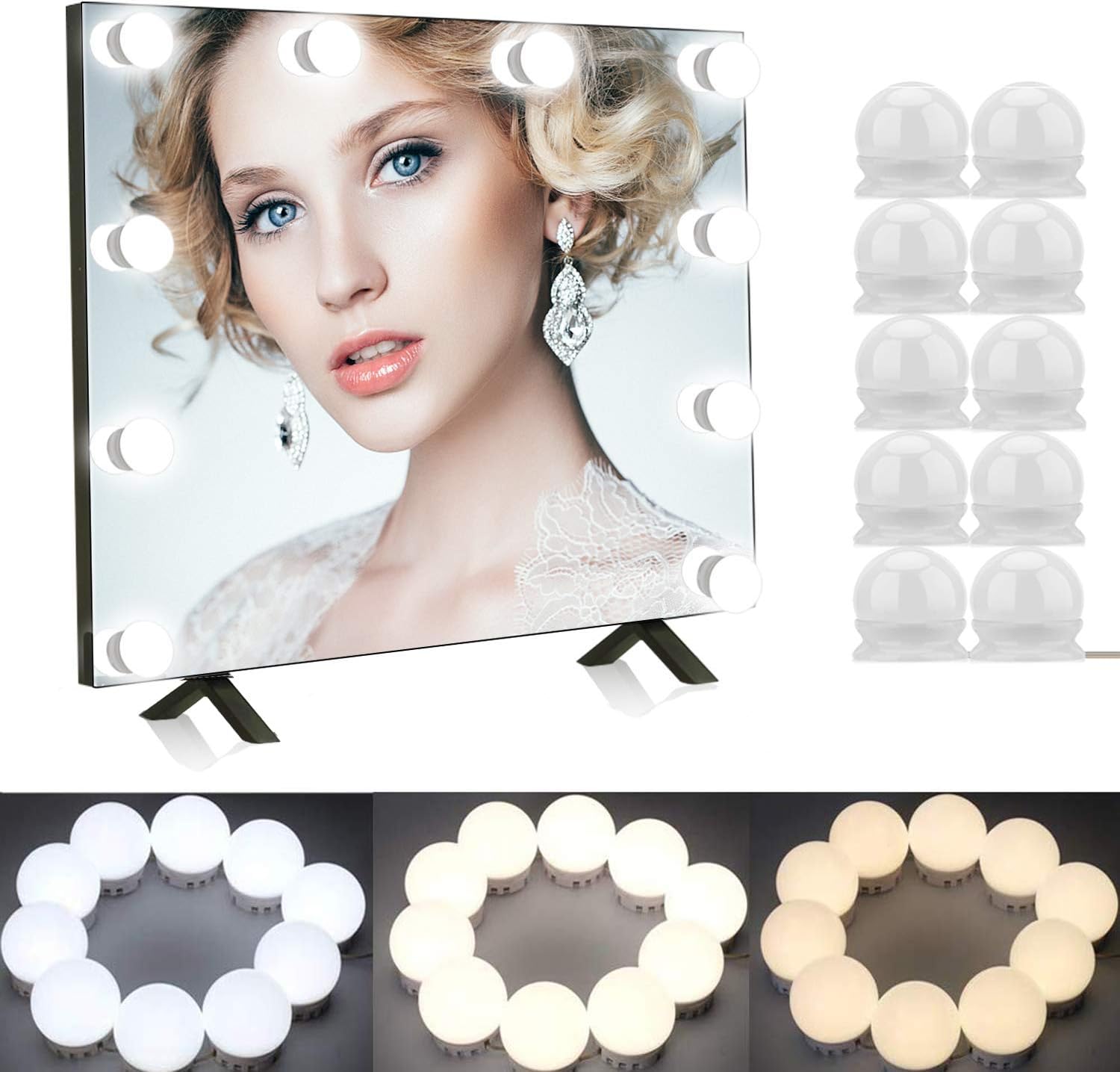 Vanity Light Mirror Hollywood LED Lights for Mirror with 10 Dimmable Light Bulbs, Oroncho 3 Color Light Kit Lighting Fixture Strip for Bedroom Makeup Vanity Table Set USB Charge (Mirror NOT Include)