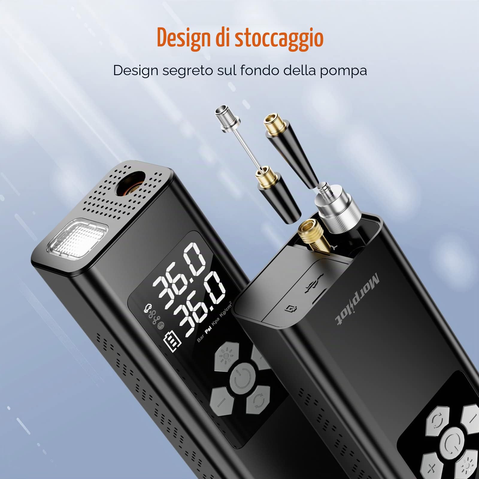 Compressore Aria Portatile da 9000mAh, Morpilot 150PSI Gonfiatore con Batteria Ricaricabile, Doppio Schermo LCD Digitale, 4 Ugelli, Pompa Elettrica per Bicicletta, Auto, Moto, Palloni