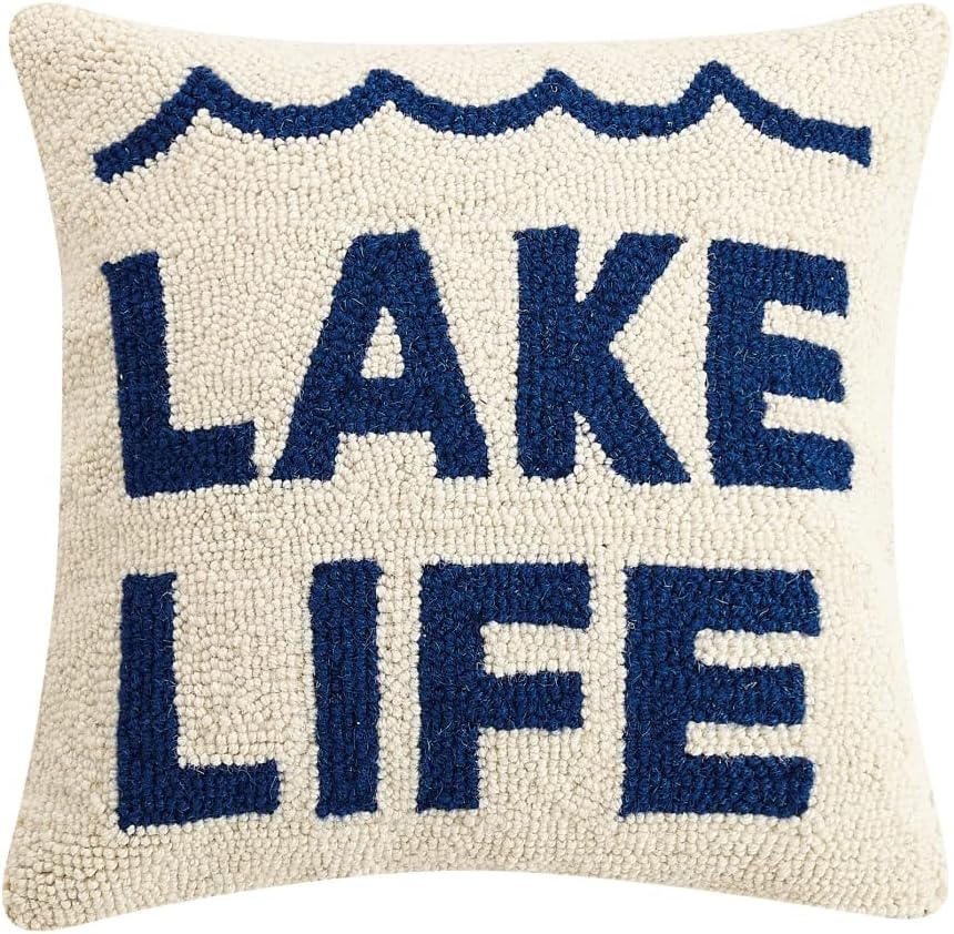 Peking Handicraft 30TG292C14SQ Poly Filled Hook Throw Pillow, Wool and Cotton (Lake Life, 14-inch Square)