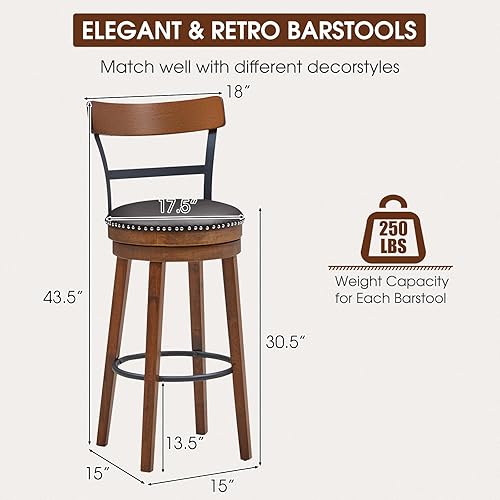 Miniatura 2 de ERGOMASTER Juego de 2 taburetes de bar giratorios de altura para isla de cocina, taburetes de bar tapizados de piel sintética con respaldo y patas