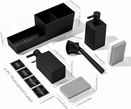 4 in 1 Plastic Washing Up Liquid Dispenser Black Kitchen Soap Dispenser Set | AJEUNGAIN Hand and Dish Soap Dispenser Set with Brush & Sponge Holder - Compact Sink Caddy Organizer for Kitchen and Bathroom