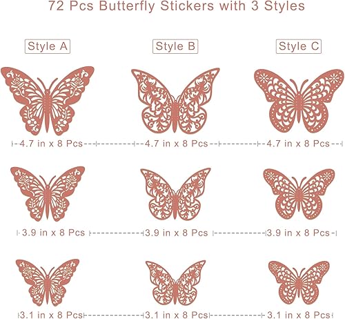 Miniatura 19 de Decoración de pared de mariposa 3D, 72 piezas, 3 estilos, 3 tamaños, mariposas azules para fiestas, cumpleaños, decoraciones de pasteles