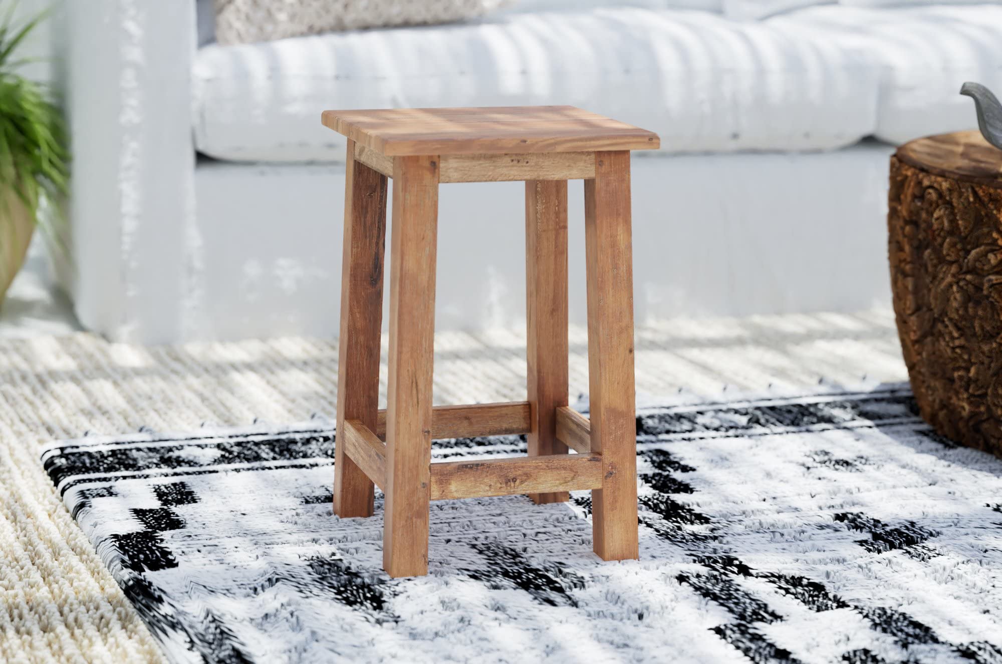 Tabouret En Bois Recyclé Madero - Design Rustique, 48x30x30 Cm, Marron Foncé, Protège-Sol Inclus