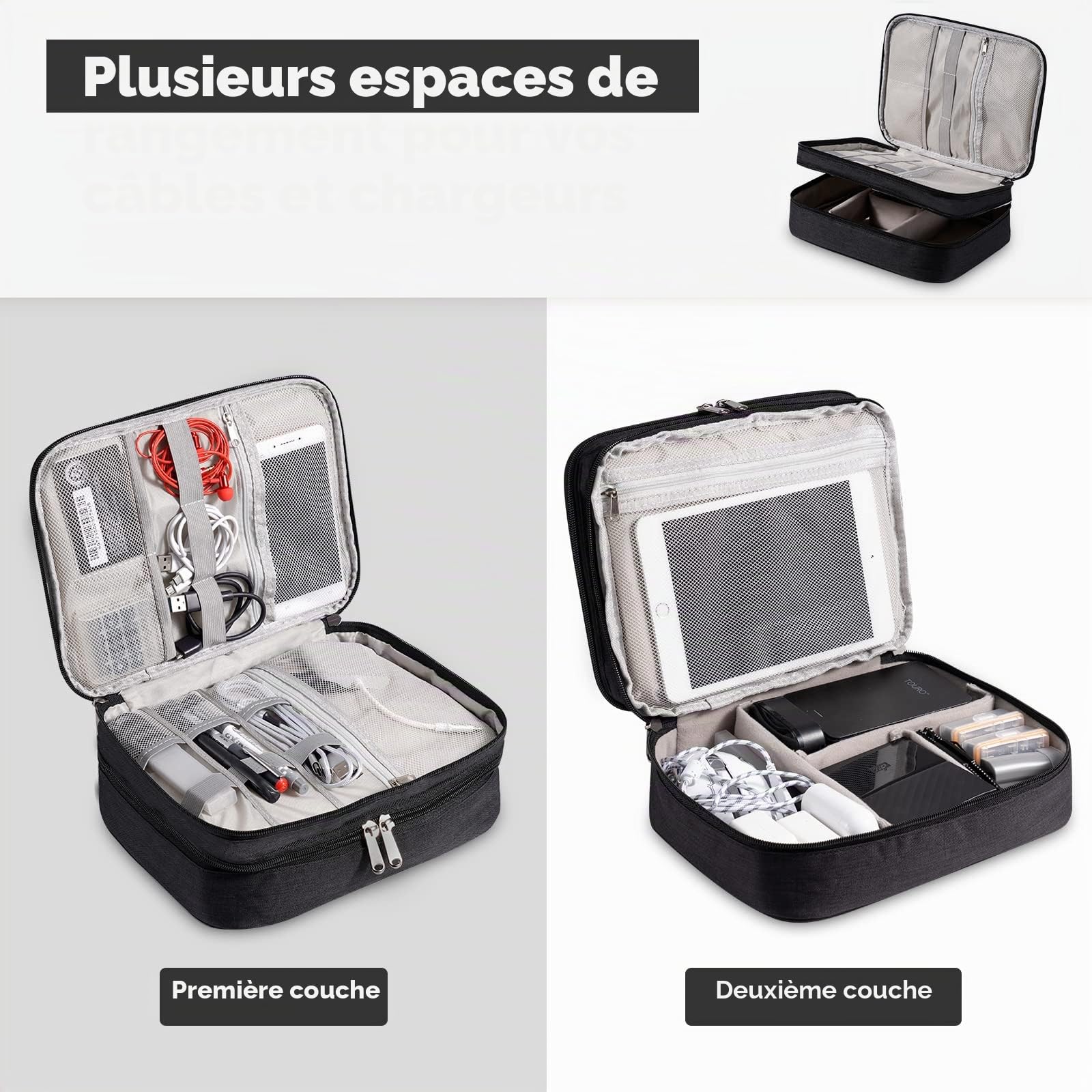 OrgaWise Sac Électronique Multifonctionnel Portable Étanche pour Tablette, Disque Dur, Chargeur (Noir, 3 Couches)