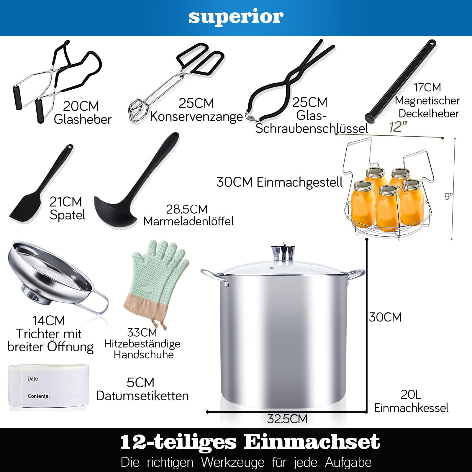 12-teiliges Einkochset Starter Kit, 24L Edelstahl Einkochtopf mit Glasdeckel und Einmachgitter, All-in-One Einmachtopf Set zum Einkochen von Marmelade Gurken Obst, für Anfänger