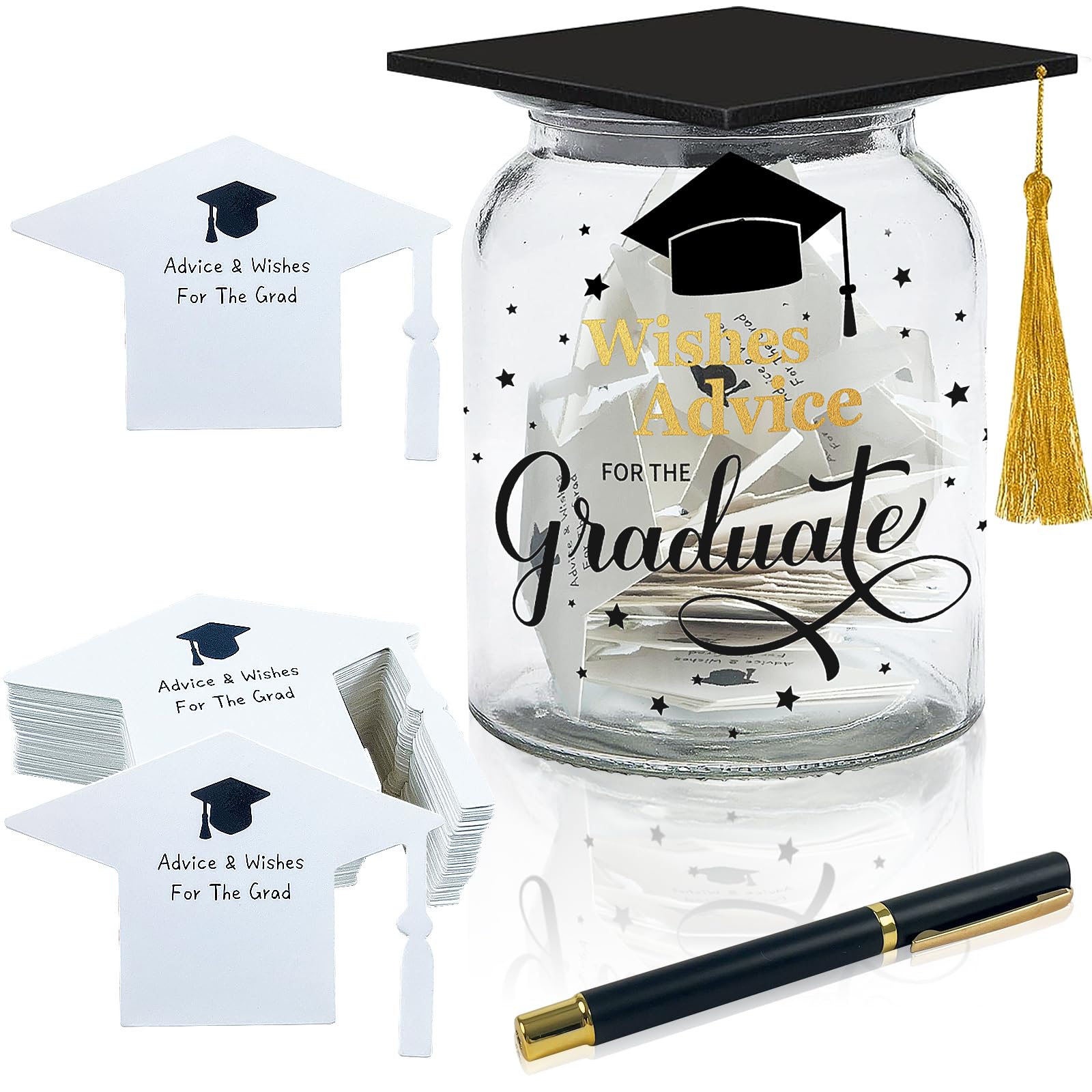 62 Pcs Graduation Memory Jar Set Class of 2025 Graduation Mason Memory Jar with 60 Wishes Advice Cards and Pen Words of Wisdom Jar for Graduate Grad Party Favors for College Senior School Gift