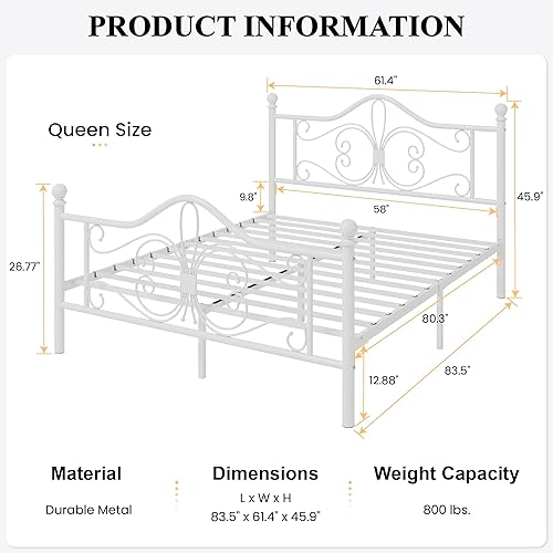 Miniatura 2 de SHA CERLIN - Marco de cama tamaño Queen con cabecera, marco de cama de metal con diseño de cabezal y pie de cama en forma de mariposa, no necesita