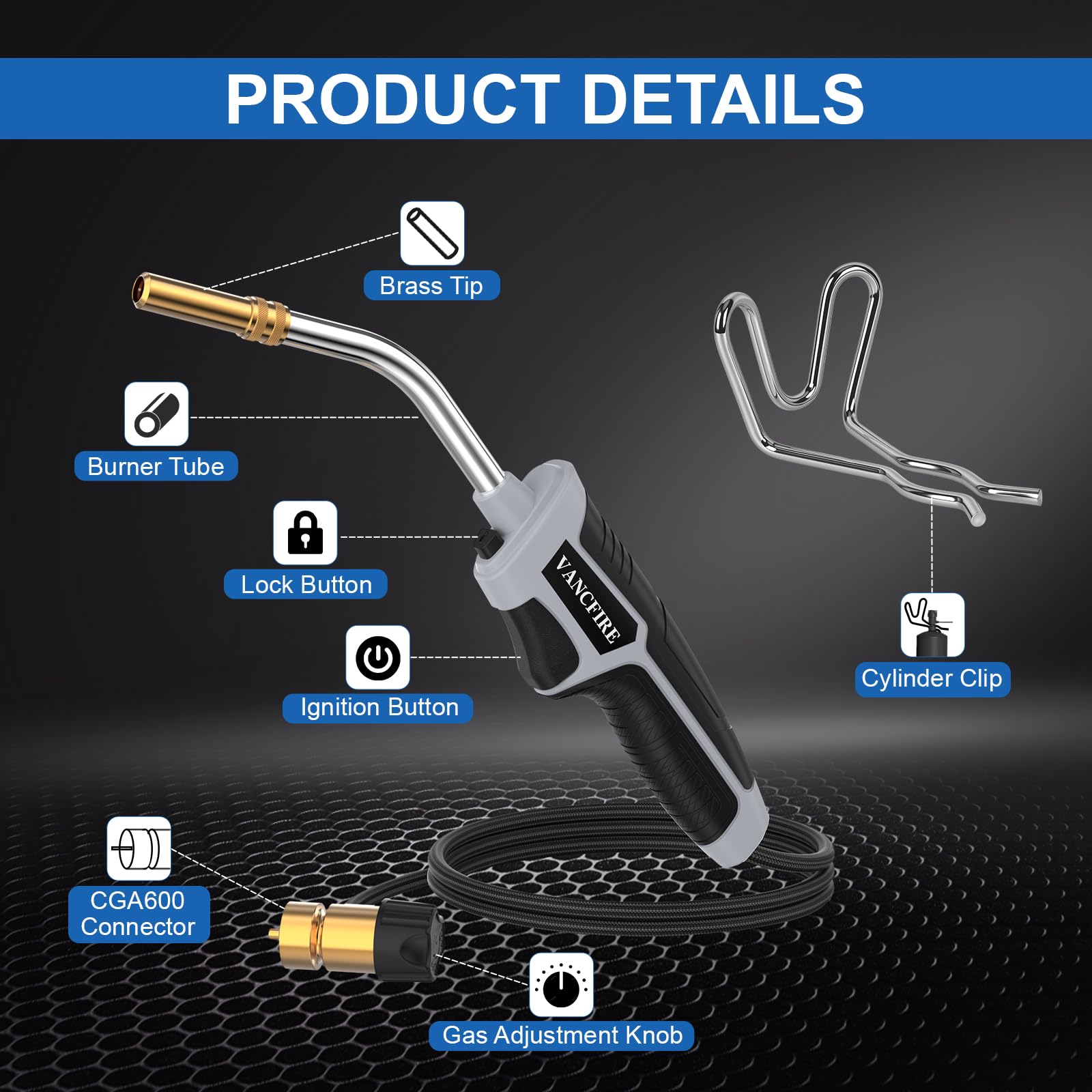 Propane Torch Head with 5FT Hose, Trigger Start MAPP Gas Torch Kit with Cylinder Clip, High Intensity Welding Soldering Torch for Soldering, Brazing, Plumbing (Gas Tank Not Included)(13") — Amazon image 4