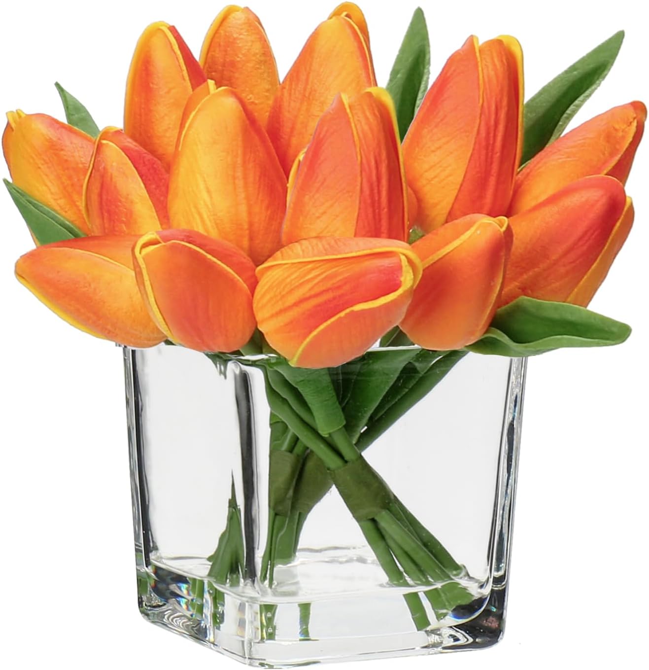 DILATATA Artificial Orange Tulips in Vase with Faux Water 5.5 Real Touch Flowers Fake Tulips Small Flowers Arrangement in Cube Glass Vase for Mother's Day Table Centerpiece Wedding Home Decor