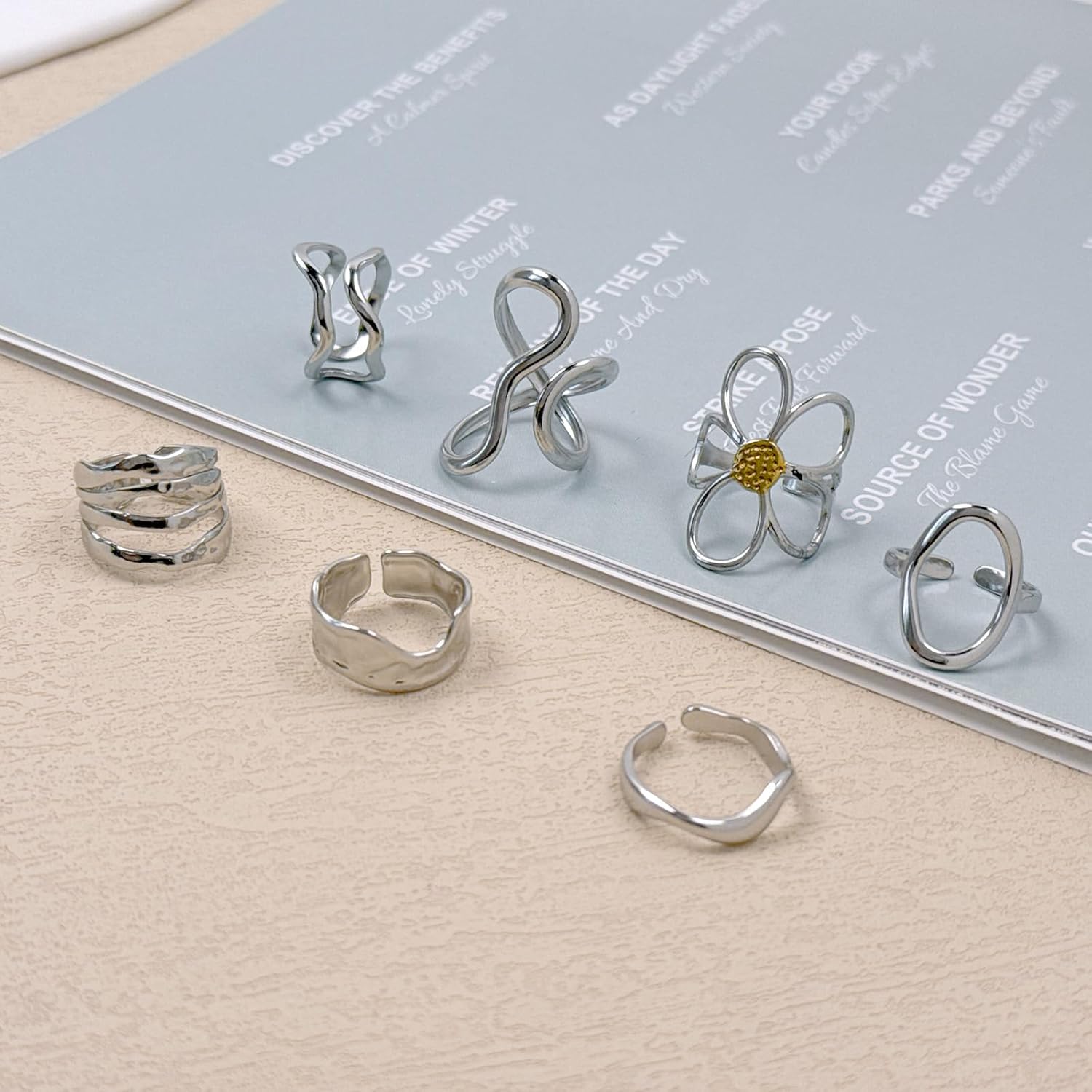 Gold Chunky Rings for Women Asymmetrical Wavy Curve Thumb Ring Irregular Thick Open Statement Rings Adjustable Stainless Steel Flower Finger Rings Non Tarnish - Image 5