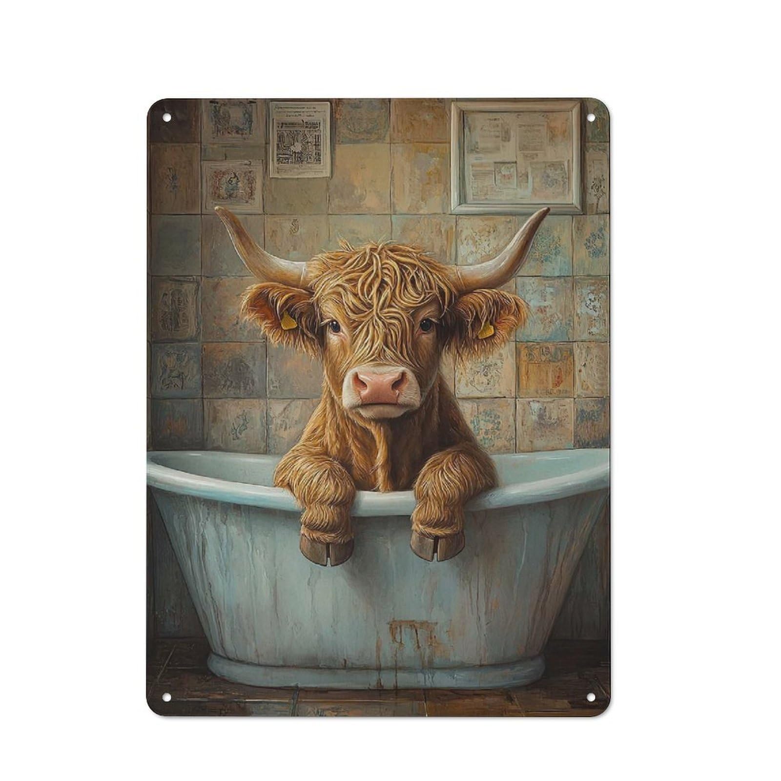 Junmoney Style Tin Wall Plaque 40X30cm With Highland Cow In Bathtub For Workshop Wall, With Clear Retro Wall Decor Character