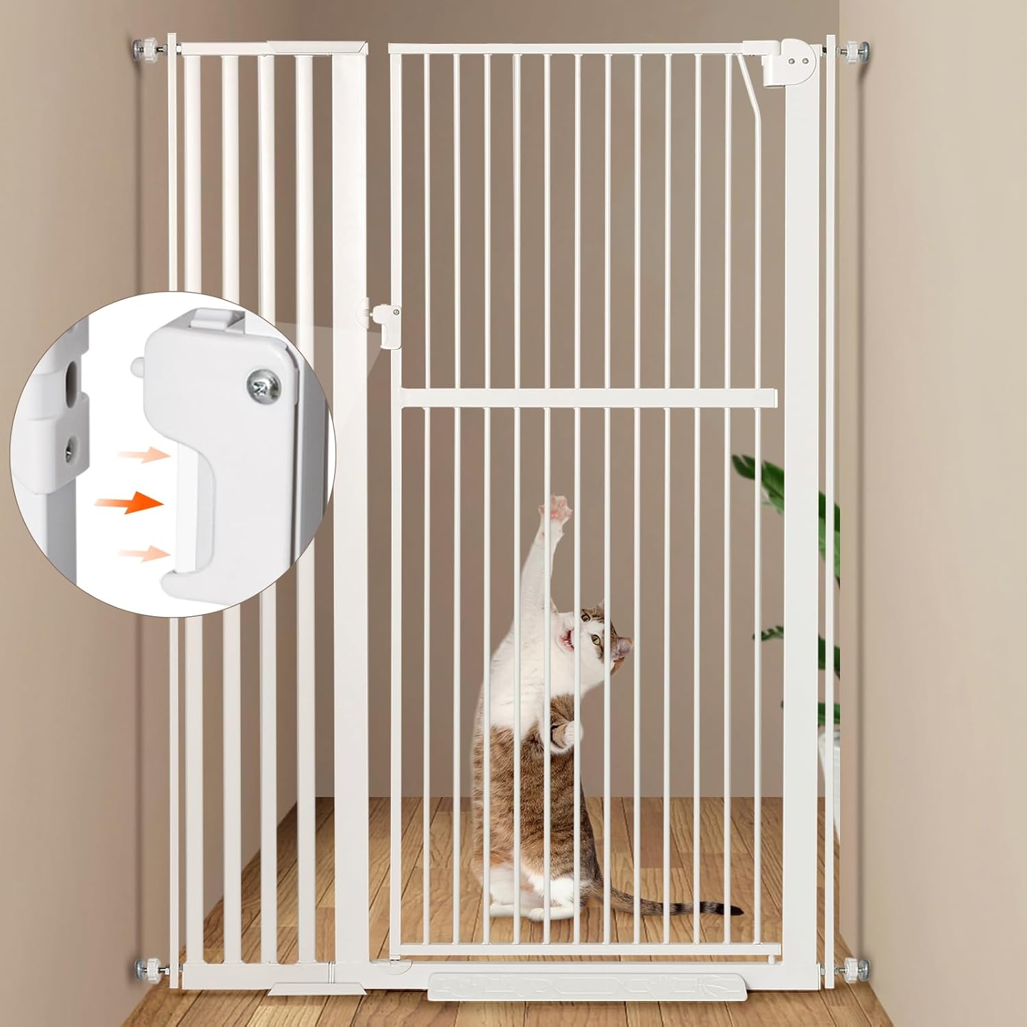59” Extra Tall Pet Gate, Durable Metal Cat Gate with Double Safety Lock & Walk Thru Door - Self Closing/Stay Open/Open Both Ways, Pressure Mounted Dog Gate for Indoor Stairs, Doorways, Hallways White 37.4"-41.3" Wide / 95-105cm
