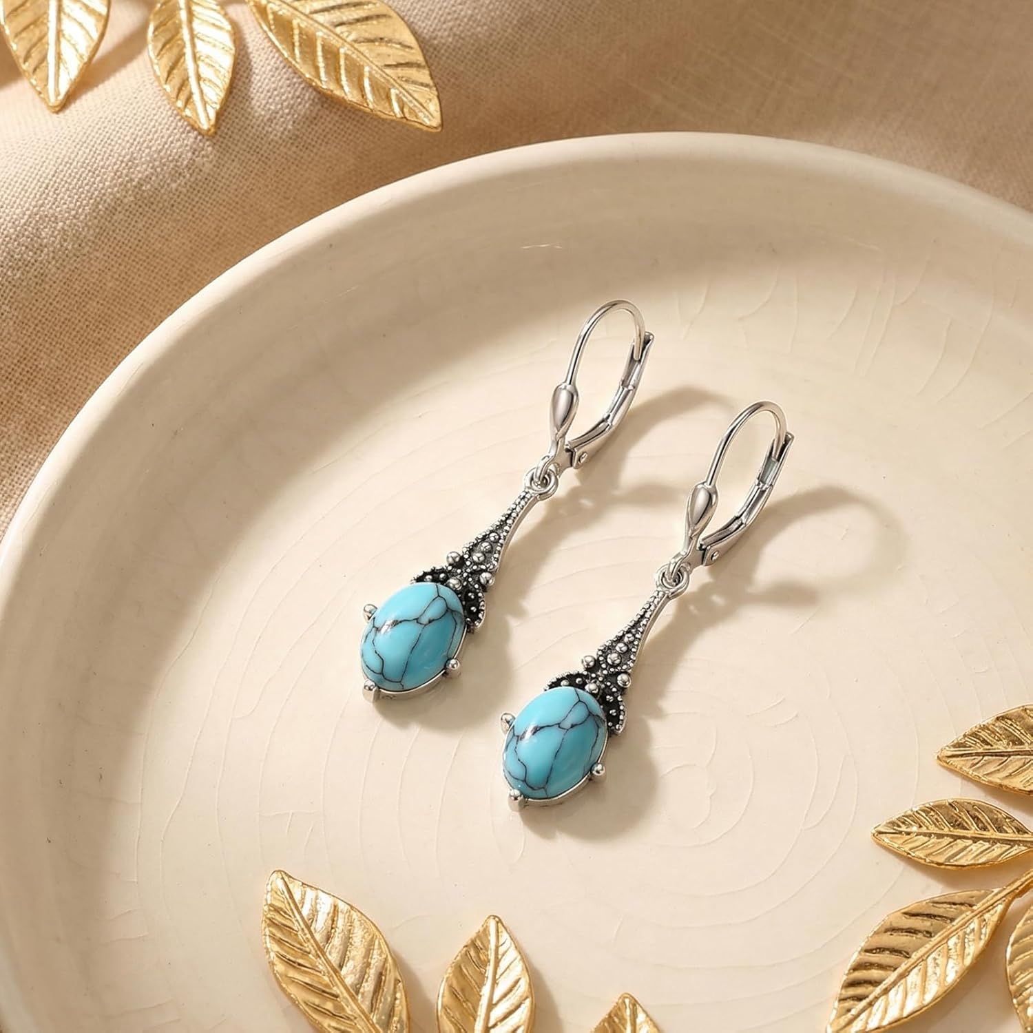 AOBOCO Vintage Earrings for Women Sterling Silver Retro Drop Dangle Leverback Earrings with 8x6mm Oval Genuine or Simulated Birthstone Crystal from Austria, Anniversary Jewelry Gifts for Her (Gift Box) - Image 3