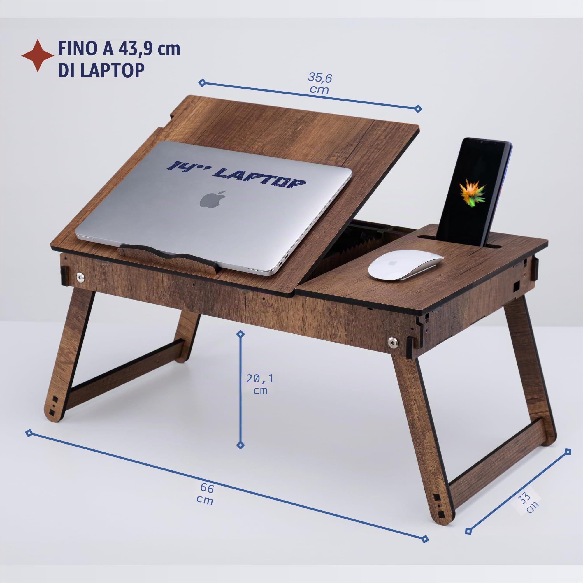 Vigo - Supporto per laptop in legno per letto, scrivania regolabile per laptop e vassoio per le gambe con contenitore integrato, design pieghevole ed ergonomico per leggere, scrivere e lavorare (noce)