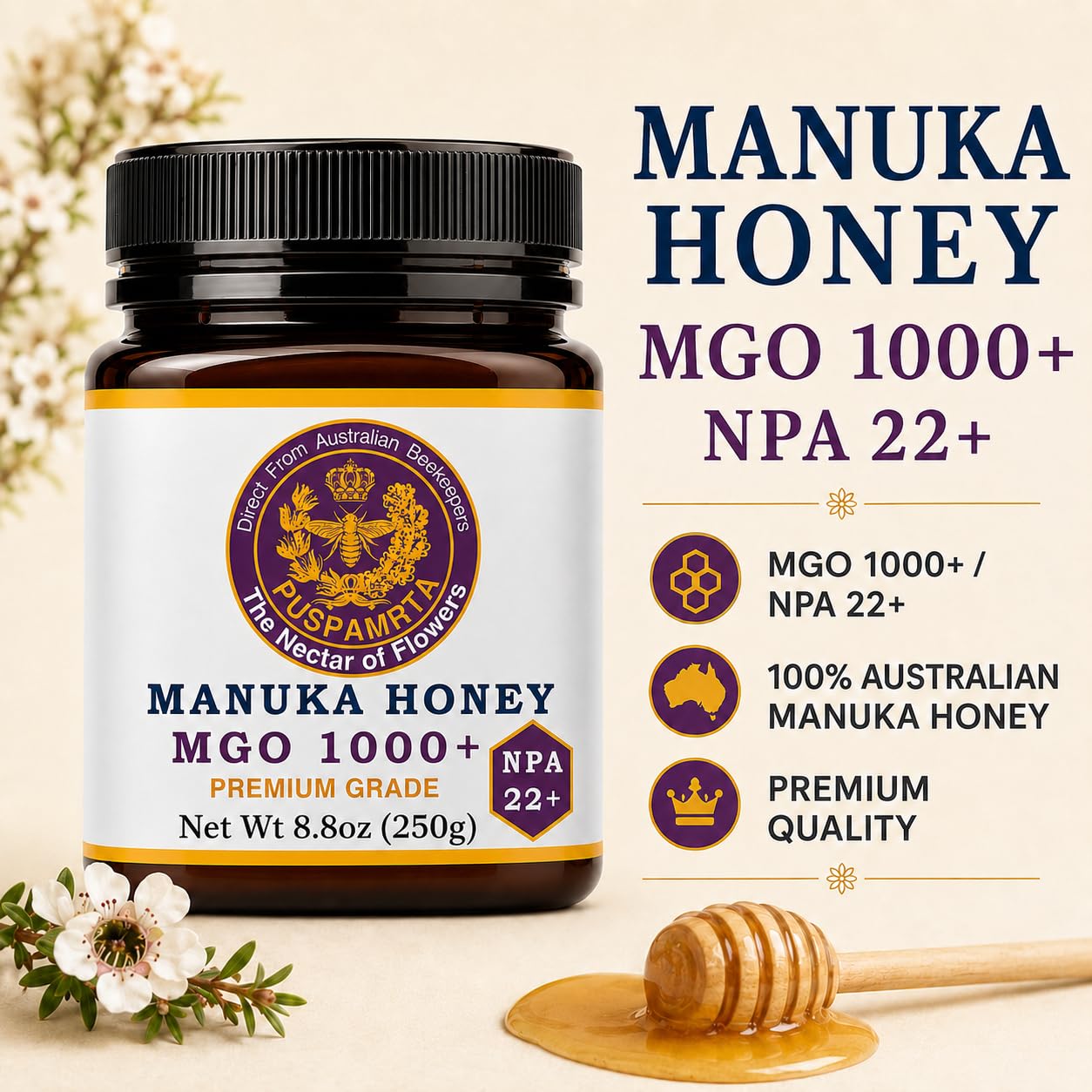Puspamrta Australischer Manuka Rohhonig MGO 1000+ NPA 22+ 250g | MGO 1000+ NPA 22+ Australian Manuka honey, 250g jar for tea, toast, breakfast and pantry use