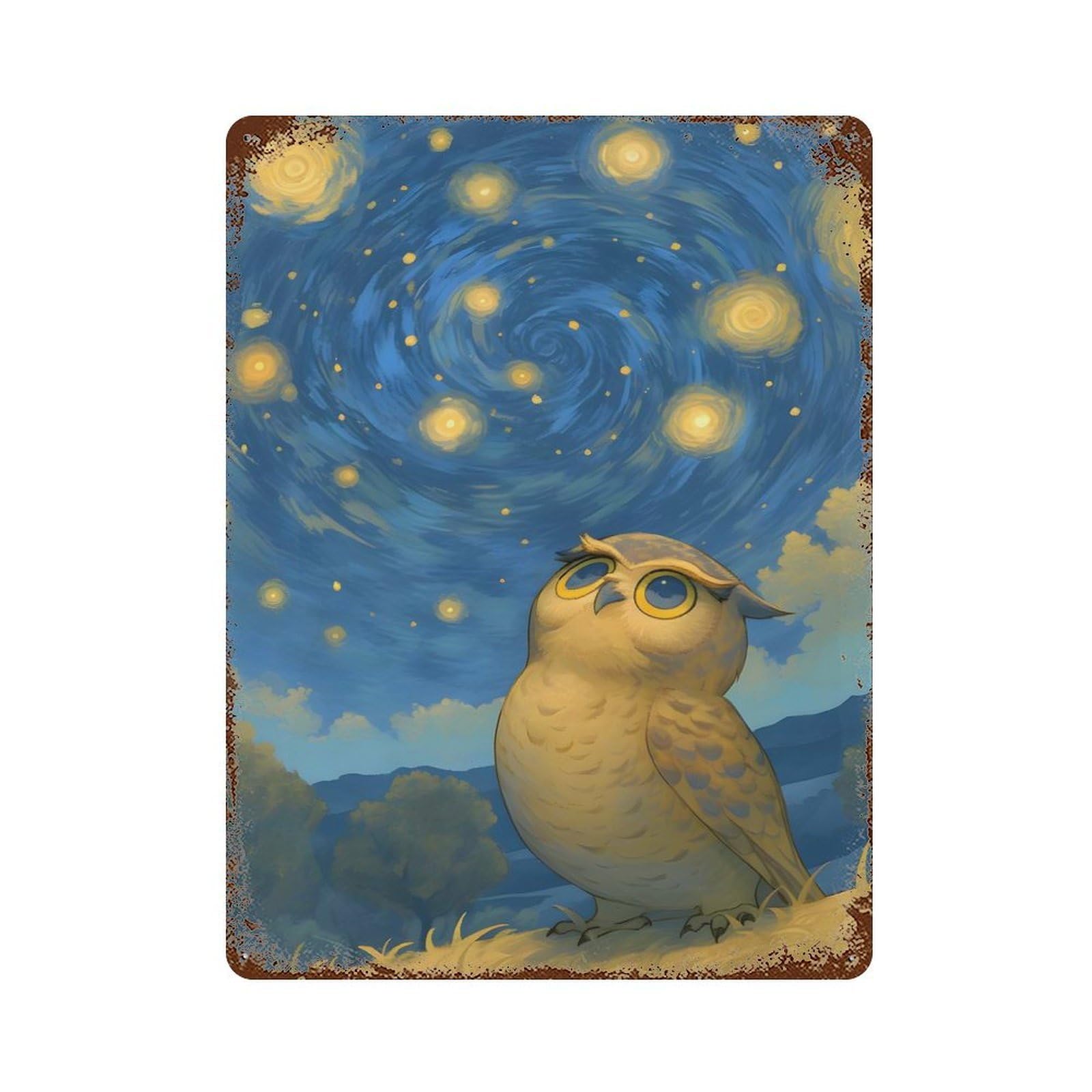 Owl Under Starry Night Sky Rustic Tin Plaque 15.7"x11.8", Farmhouse Wall Decor for Shed, Workshop And Garage Wall Decor