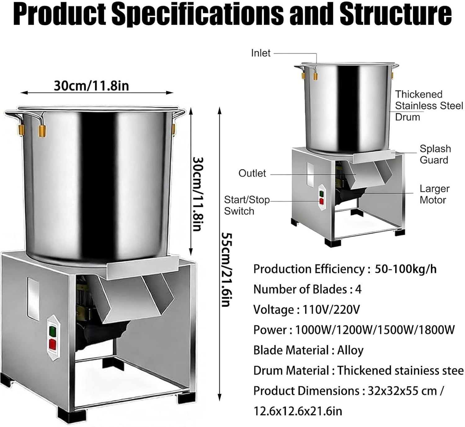 Commercial Feed Shredder, Electric Household Poultry Feed Chopper, Stainless Steel Vegetable Grinder for Home Farm, Livestock, Chicken Duck Feeding & Agricultural Use(1800w)