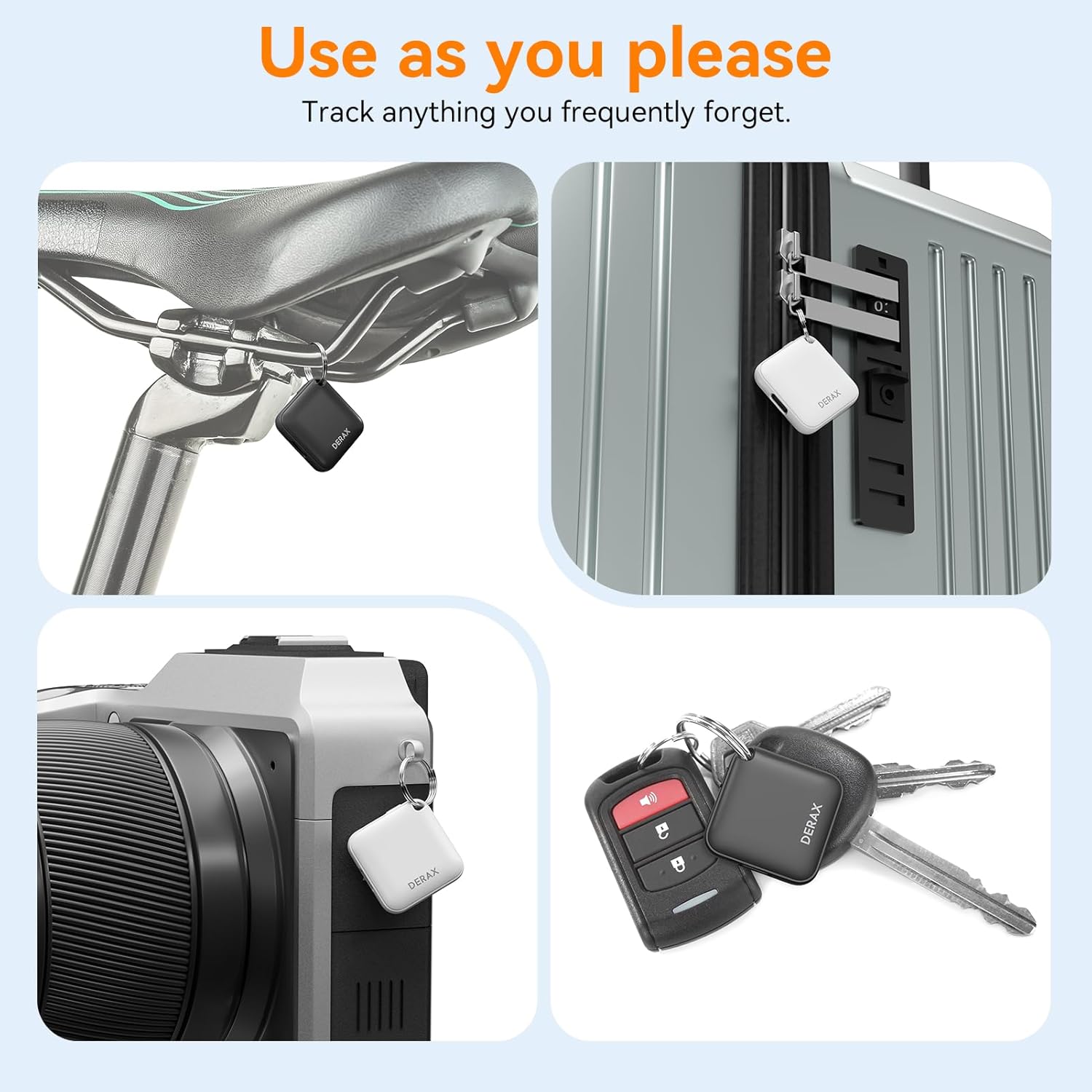 DERAX Bluetooth Tracker 4 Pack - USB-C Rechargeable Tracker Tag Compatible with Find My Device, Works with iOS and Android, Anti Lost Item Finder for Keys Wallet Luggage Backpack, Black & White