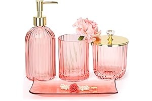 Haturi Bathroom Accessories Set, 4Pcs Pink Glass Bathroom Decor for Teen Girls