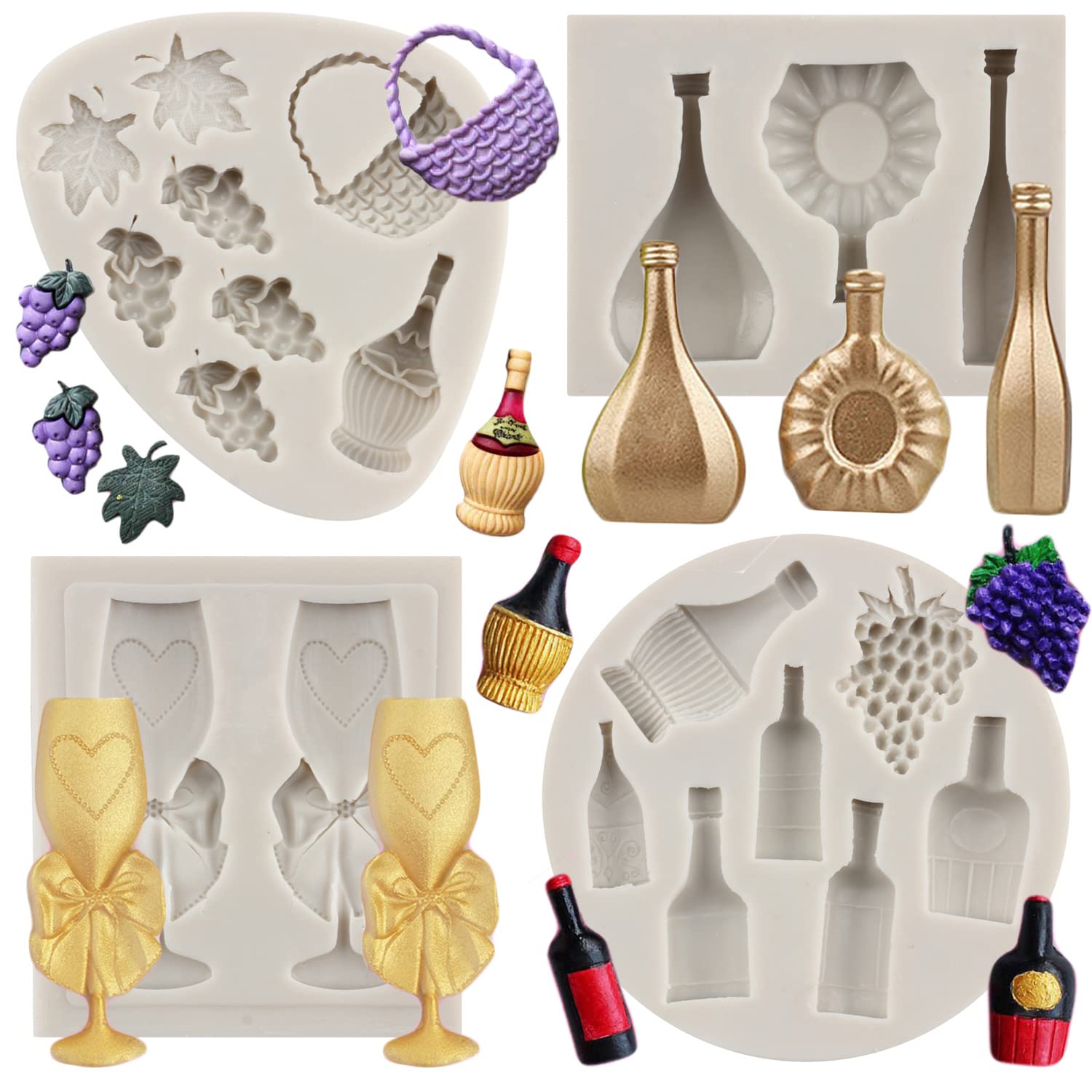 Wine Bottles Silicone Mold Wine Glass Cup Fondant Molds Grape Champagne Bottle Candy Molds For Sugarcraft Cake Decorating Cupcake Topper Chocolate Gum Paste Polymer Clay Set Of 4