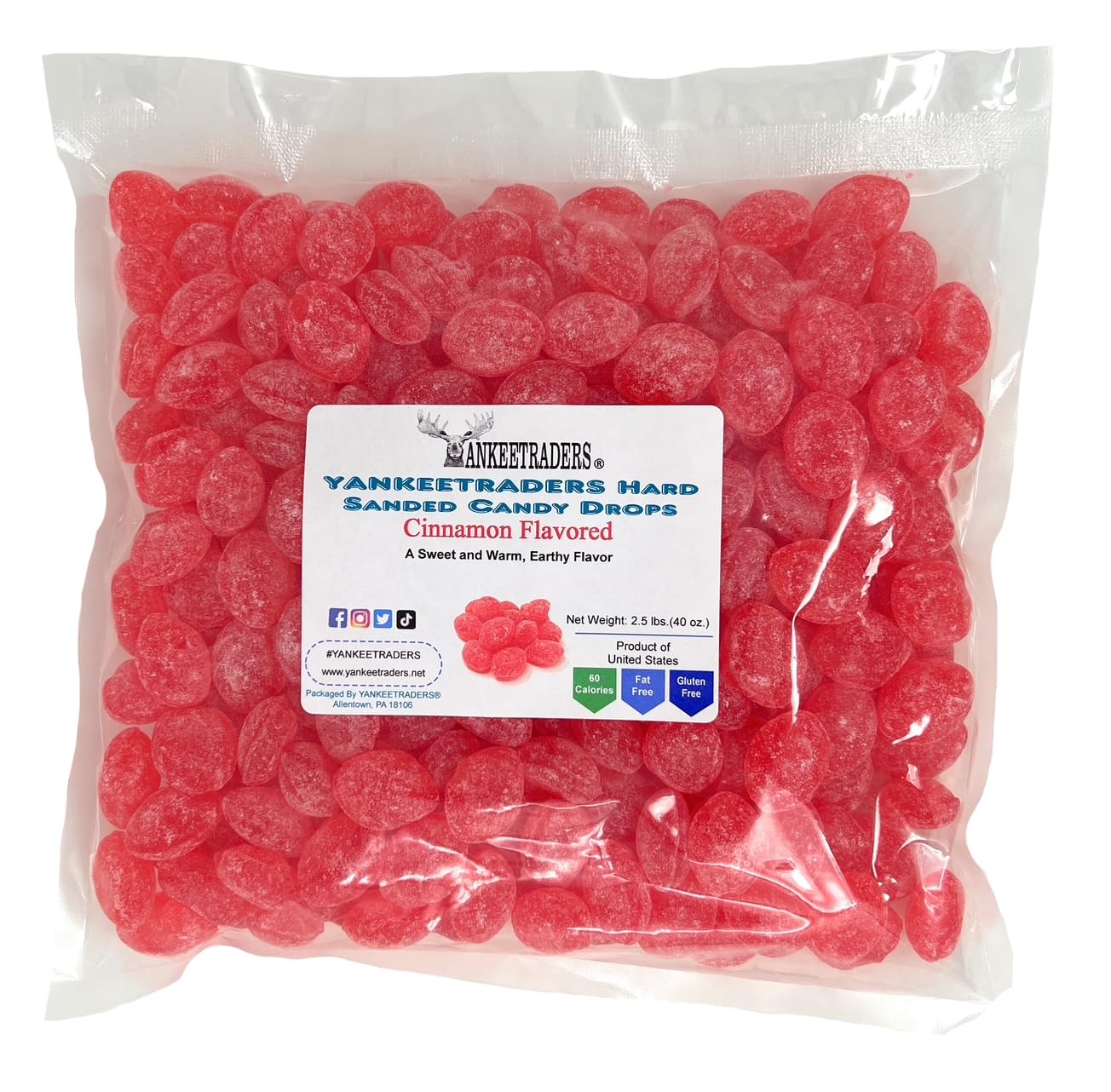 YANKEETRADERS Cinnamon Hard Sanded Candy Drops, 40 Oz. Bulk Bag