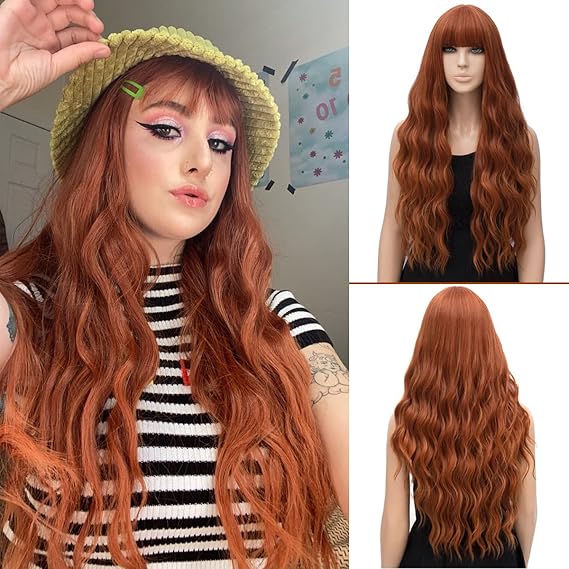 netgo Women's Orange Wig Long Fluffy Curly Wavy Hair Wigs for Girl Heat