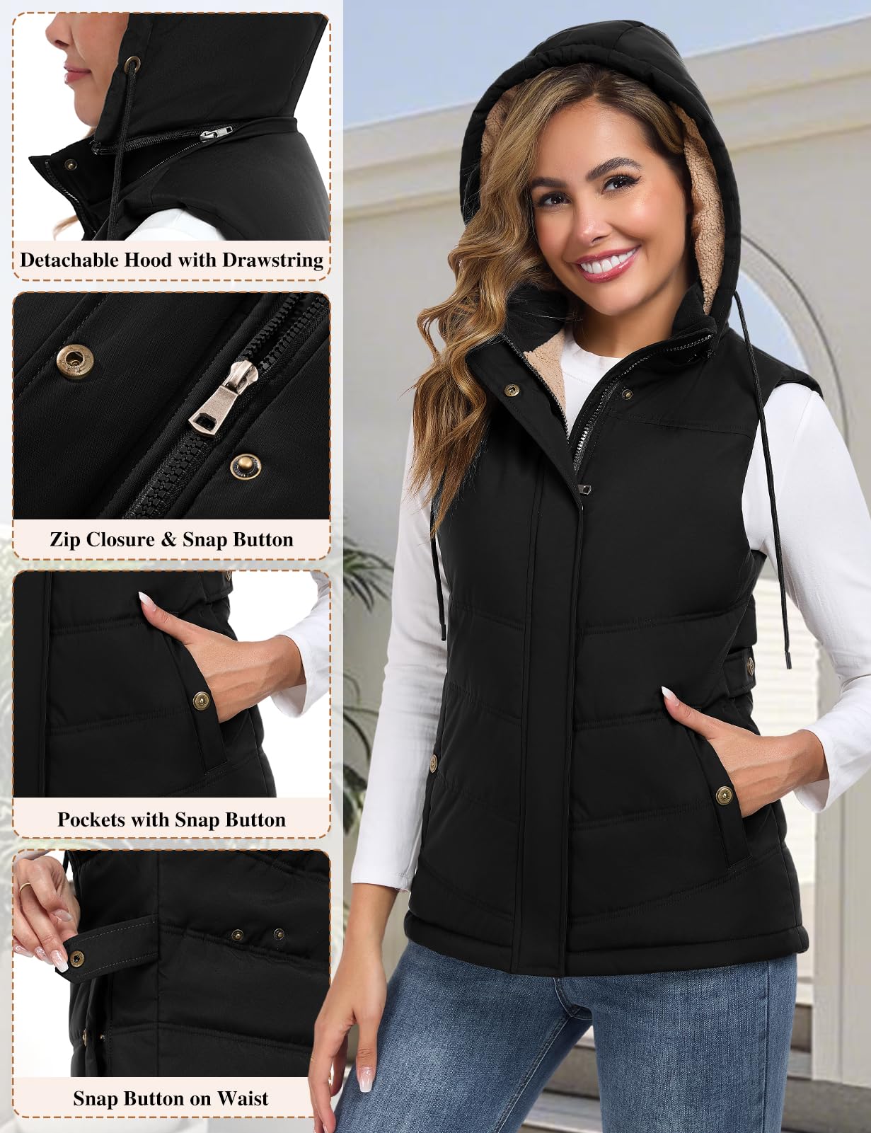 Tuopuda Gilet Donna in Pile Caldo Smanicato Invernale con Cappuccio Rimovibile Cappotto Senza Maniche Giubbotto Imbottito Giacca Trapuntato con Cerniera e Tasche Slim Fit