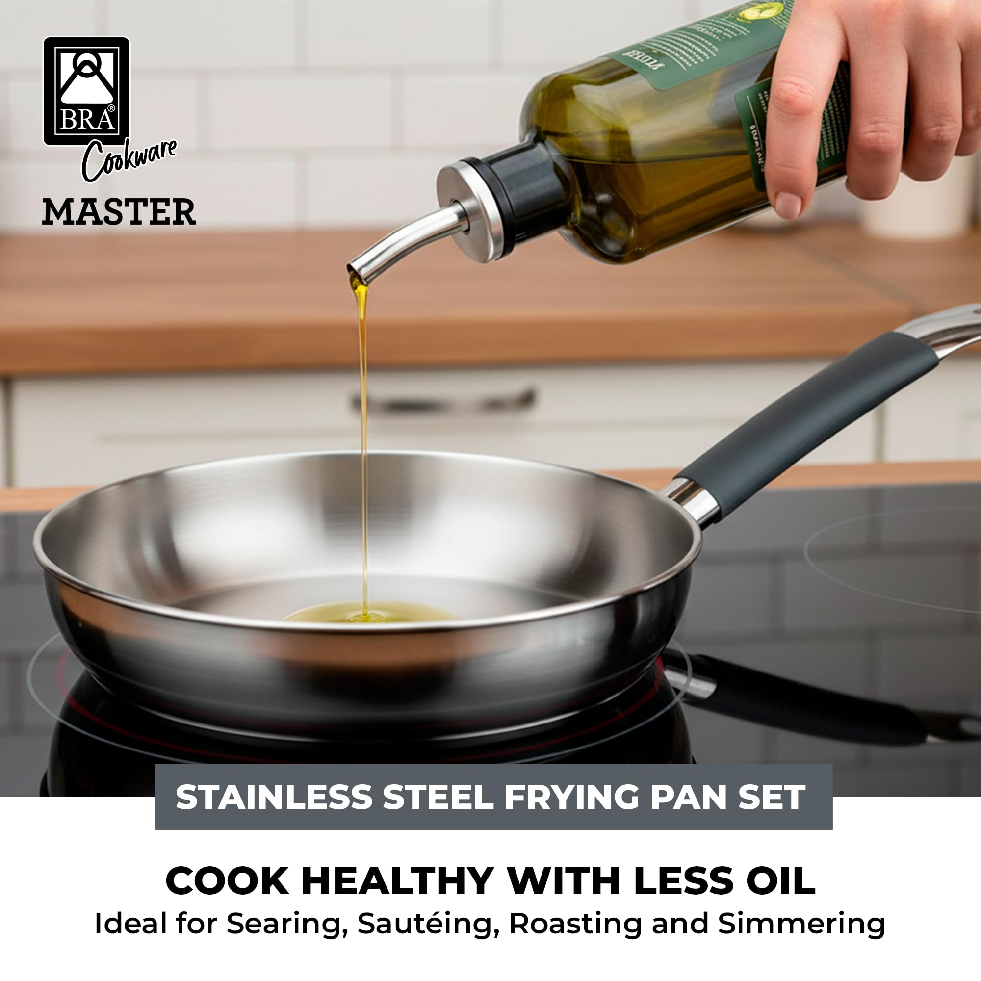 BRA Master | Set di padelle in Acciaio Inox 20-24-28 cm | Senza rivestimento antiaderente, Senza PFOA, Full Induction, adatte a tutti i piani cottura, manico rivestito in silicone