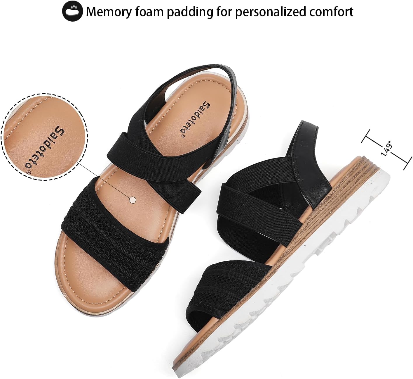 Saidoteto Women's Wide Width Flat Sandals,Comfortable Elastic Ankle Strap Slingback Slip-On Open Toe Low Wedge Walking Sandals for Summer & Casual.Size 6 Black WSD240809-04 - Image 5